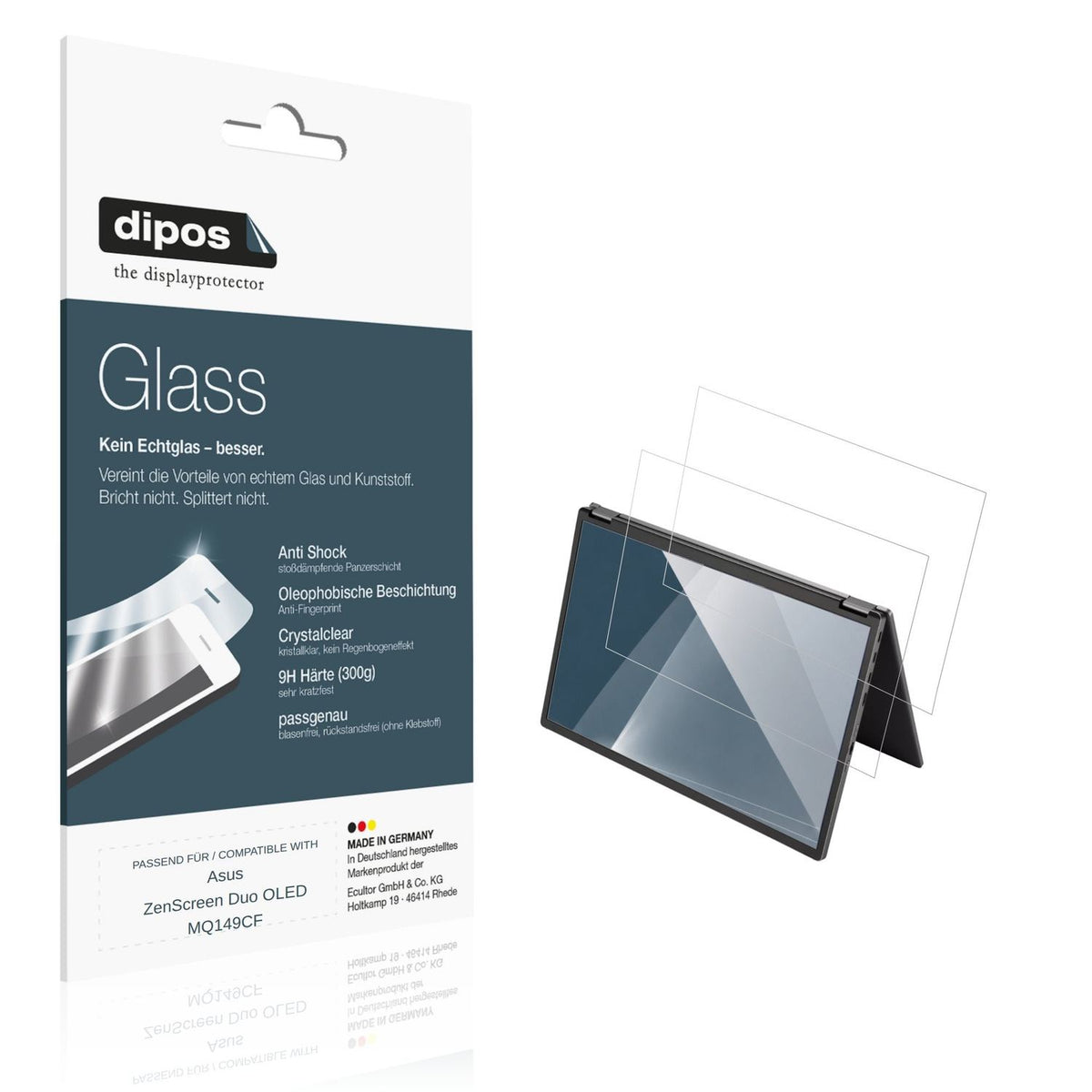 Klare Displayschutzfolie von dipos passend für Asus ZenScreen Duo OLED MQ149CF, 9H kratzfest und blasenfrei montiert
