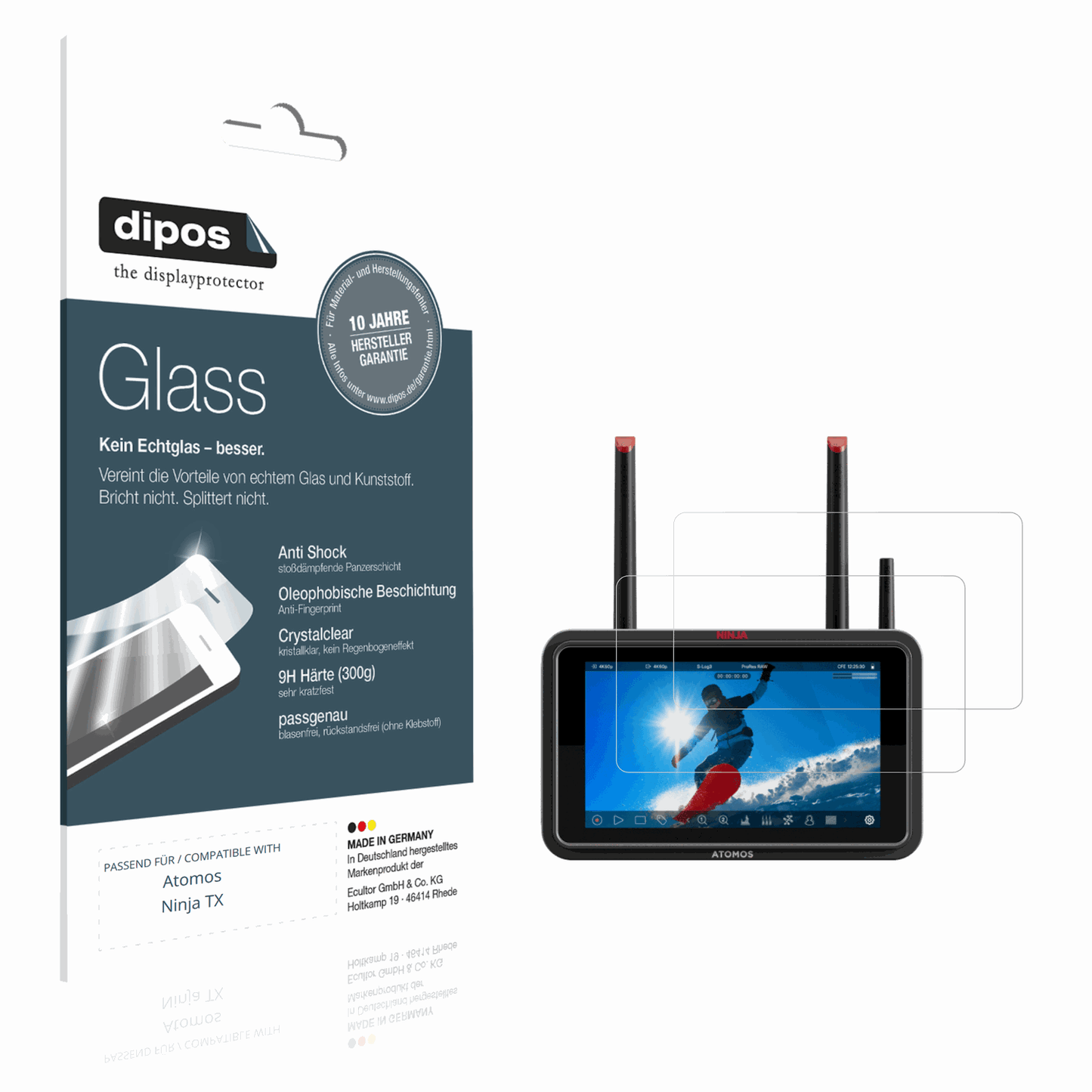Klare Displayschutzfolie von dipos passend für Atomos Ninja TX, 9H kratzfest und blasenfrei montiert