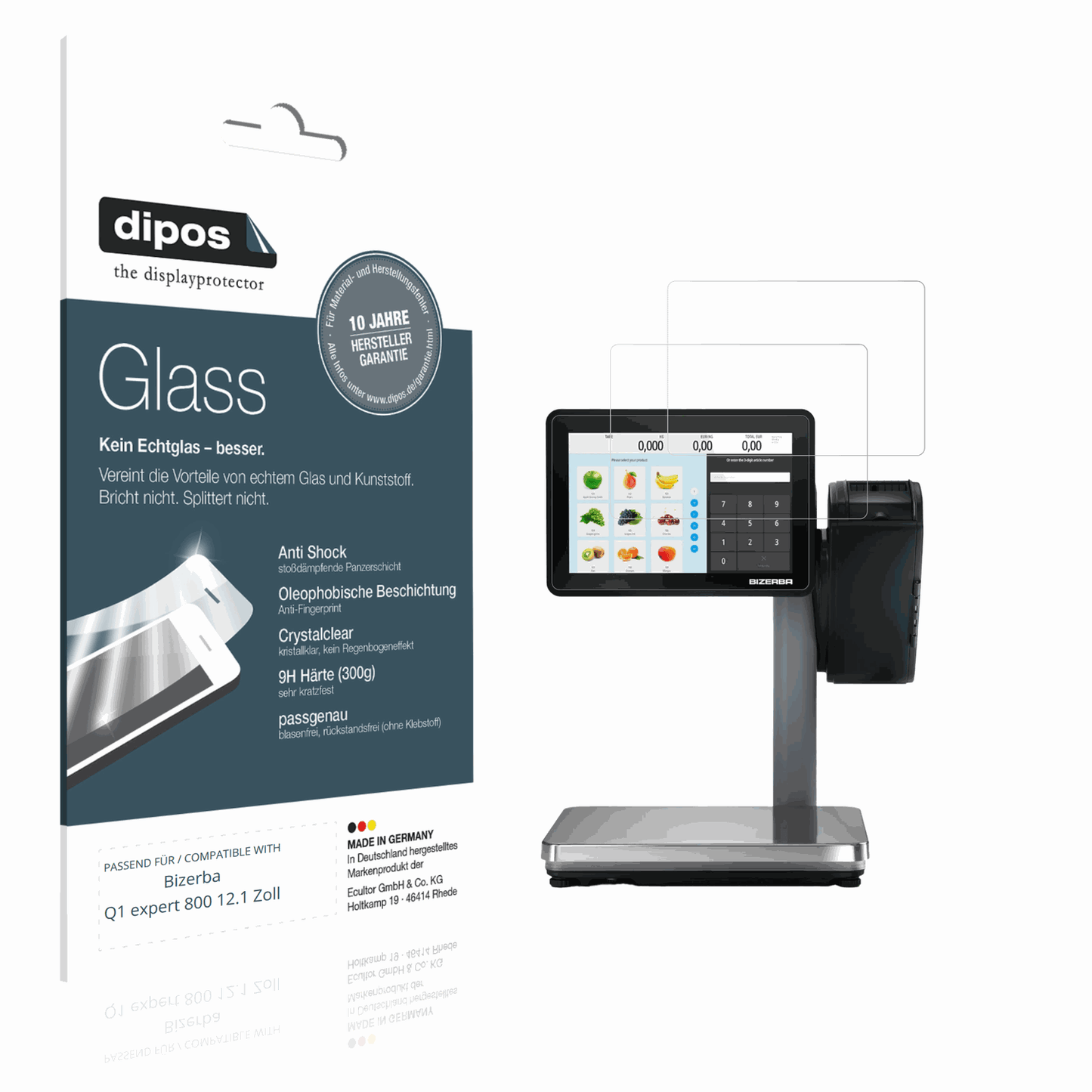 Klare Displayschutzfolie von dipos passend für Bizerba Q1 expert 800 12.1 Zoll, 9H kratzfest und blasenfrei montiert