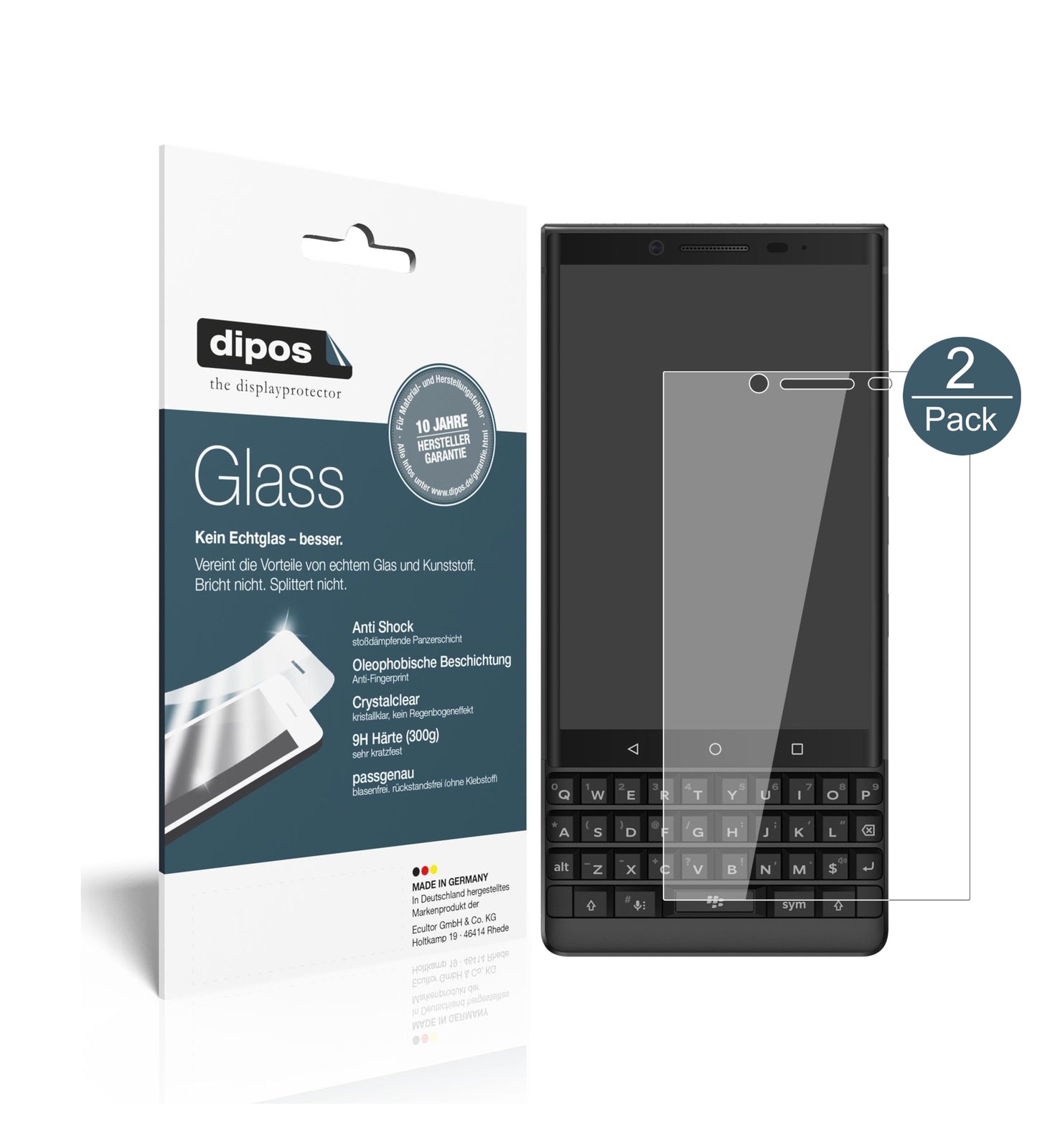 Klare Displayschutzfolie von dipos passend für Blackberry Key 2, 9H kratzfest und blasenfrei montiert