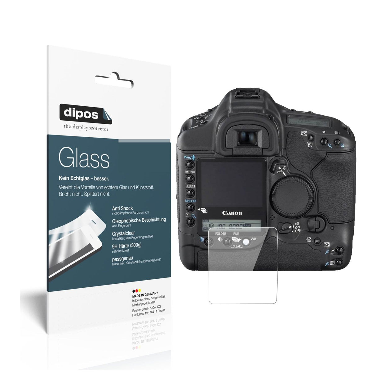 Klare Displayschutzfolie von dipos passend für Canon Eos 1D Mark II N, 9H kratzfest und blasenfrei montiert