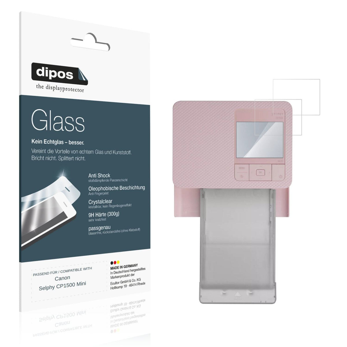 Klare Displayschutzfolie von dipos passend für Canon Selphy CP1500 Mini, 9H kratzfest und blasenfrei montiert