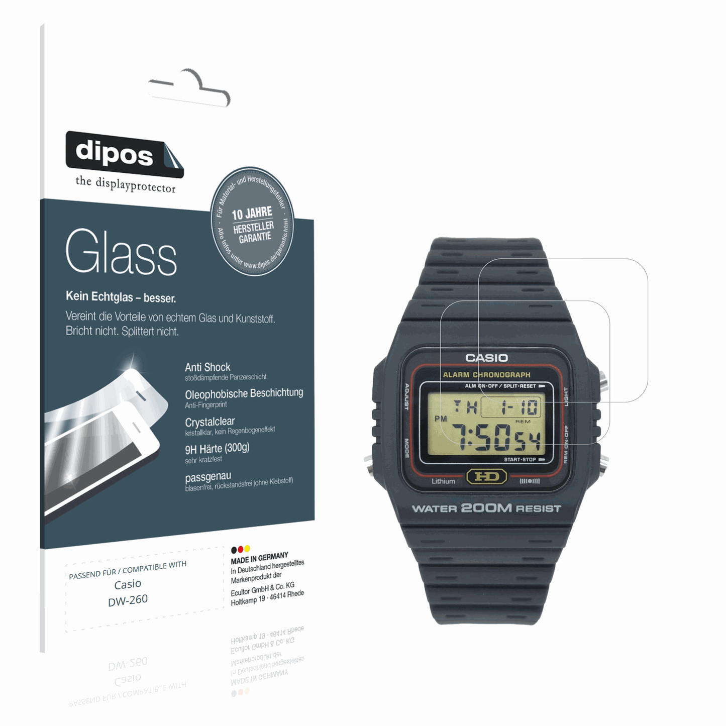 Klare Displayschutzfolie von dipos passend für Casio DW-260, 9H kratzfest und blasenfrei montiert