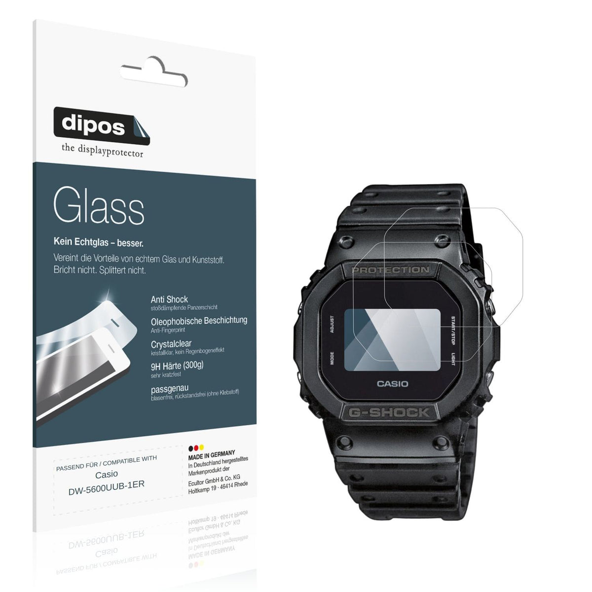 Klare Displayschutzfolie von dipos passend für Casio DW-5600UUB-1ER, 9H kratzfest und blasenfrei montiert