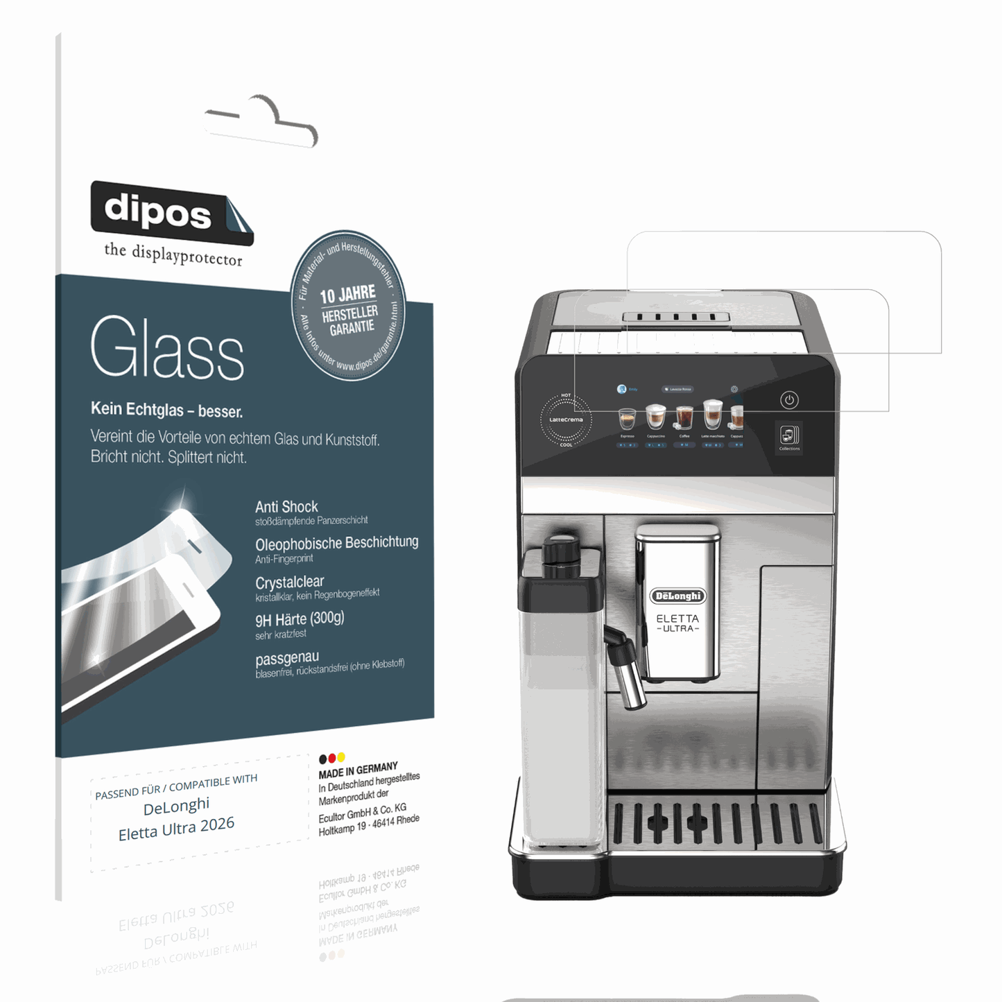 Klare Displayschutzfolie von dipos passend für DeLonghi Eletta Ultra 2026, 9H kratzfest und blasenfrei montiert