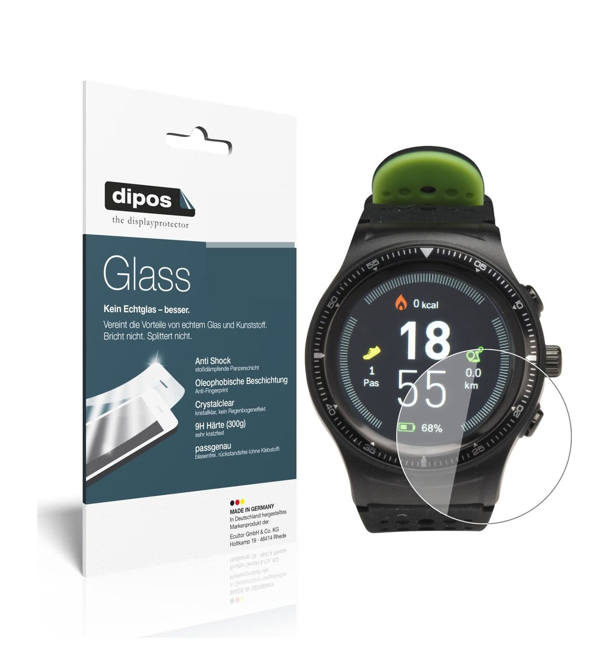 Klare Displayschutzfolie von dipos passend für DENVER SW-500 Smartwatch, 9H kratzfest und blasenfrei montiert