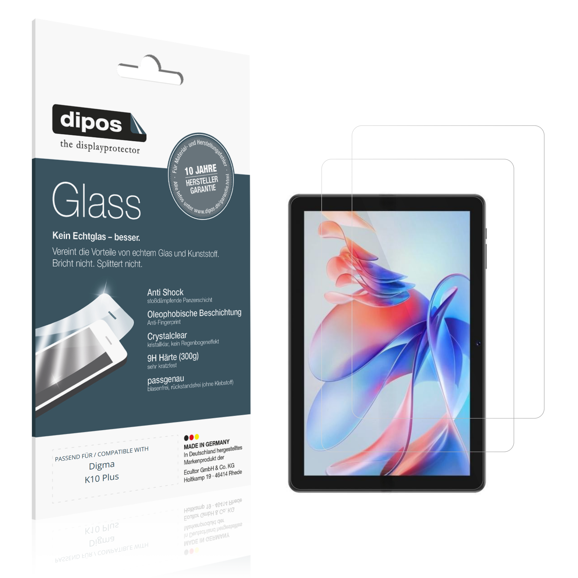 Klare Displayschutzfolie von dipos passend für Digma K10 Plus, 9H kratzfest und blasenfrei montiert
