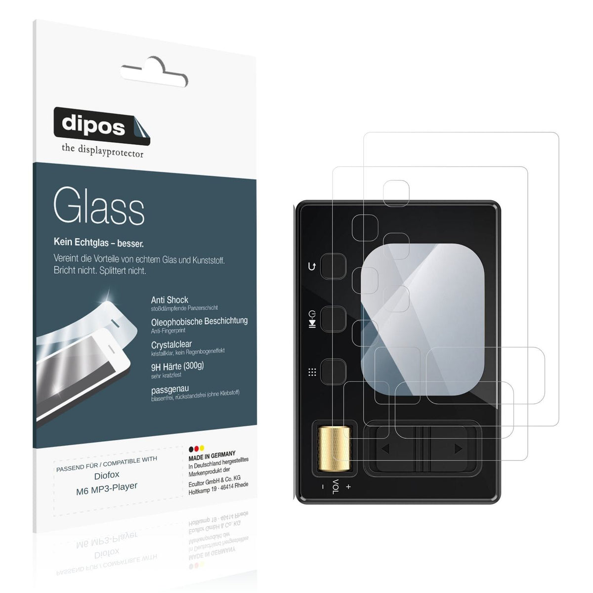 Klare Displayschutzfolie von dipos passend für Diofox M6 MP3-Player, 9H kratzfest und blasenfrei montiert