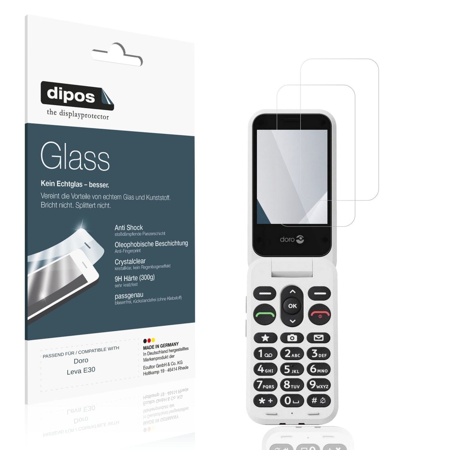 Klare Displayschutzfolie von dipos passend für Doro Leva E30, 9H kratzfest und blasenfrei montiert