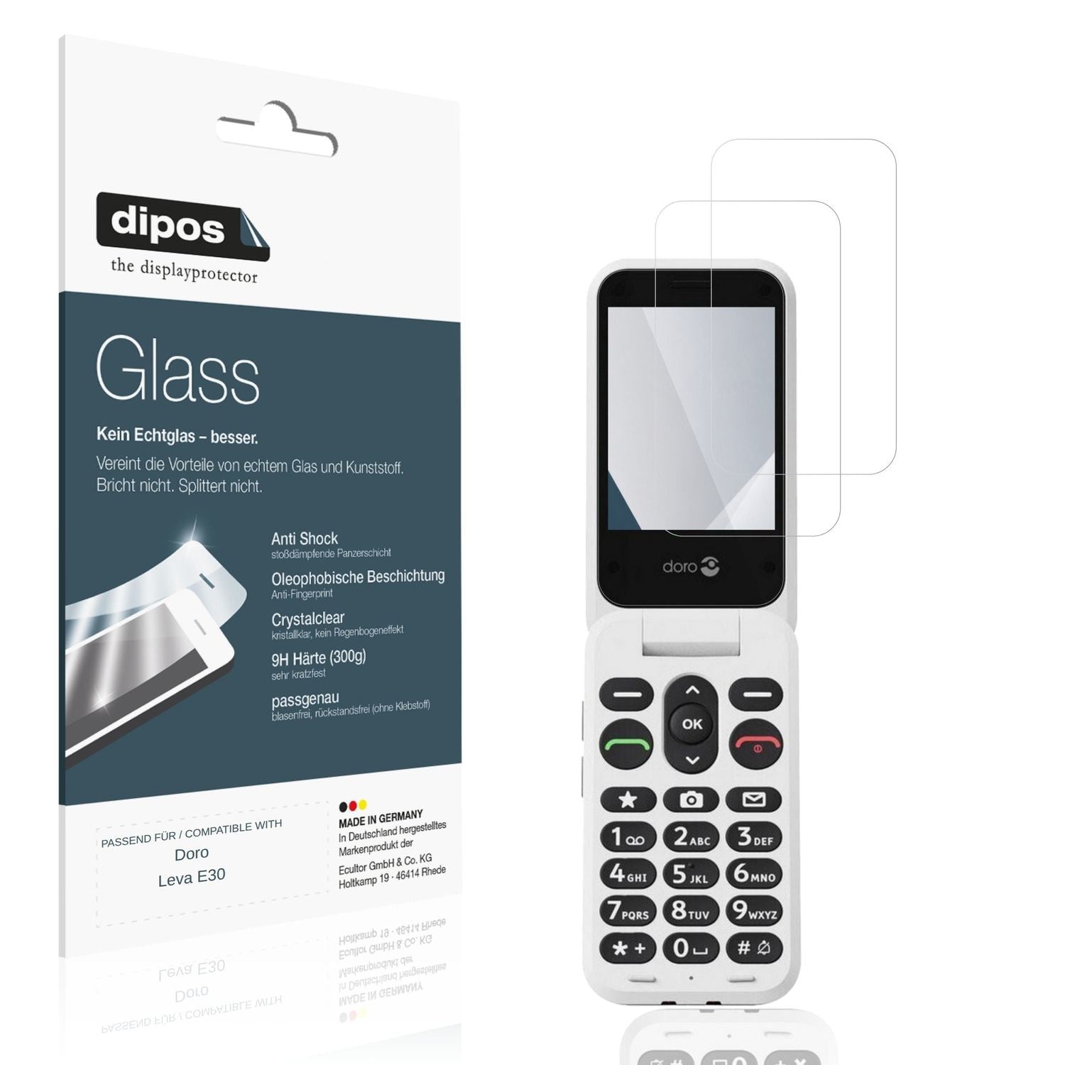 Klare Displayschutzfolie von dipos passend für Doro Leva E30, 9H kratzfest und blasenfrei montiert