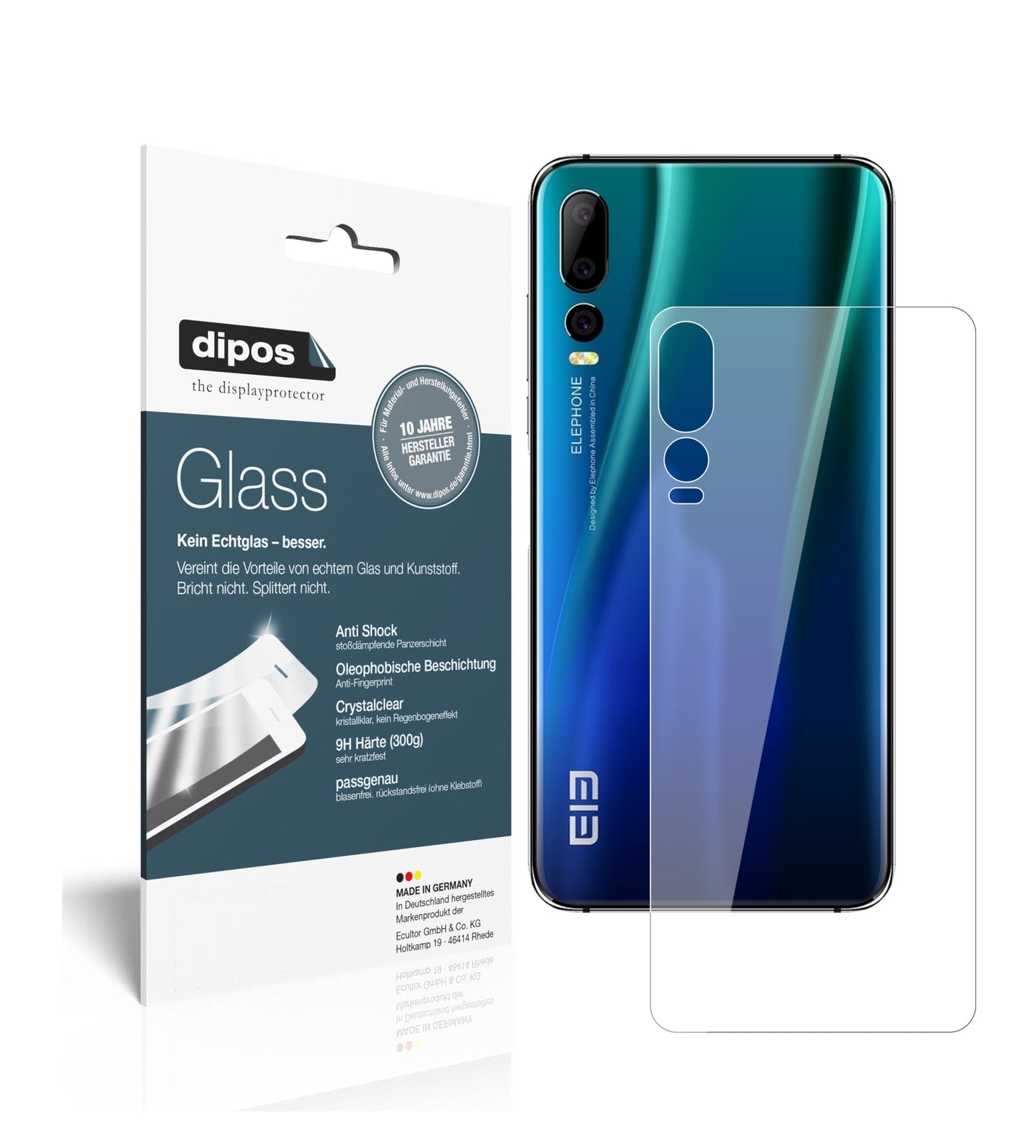 Klare Displayschutzfolie von dipos passend für Elephone A5 Rückseite, 9H kratzfest und blasenfrei montiert