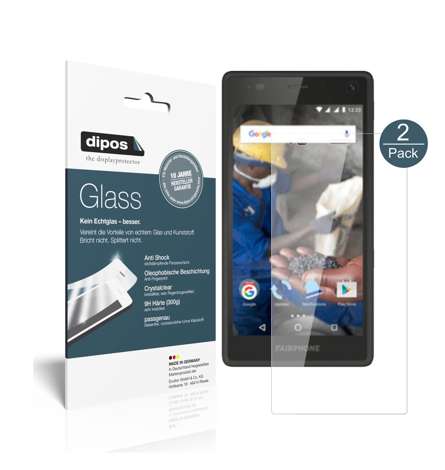 Klare Displayschutzfolie von dipos passend für Fairphone 2, 9H kratzfest und blasenfrei montiert