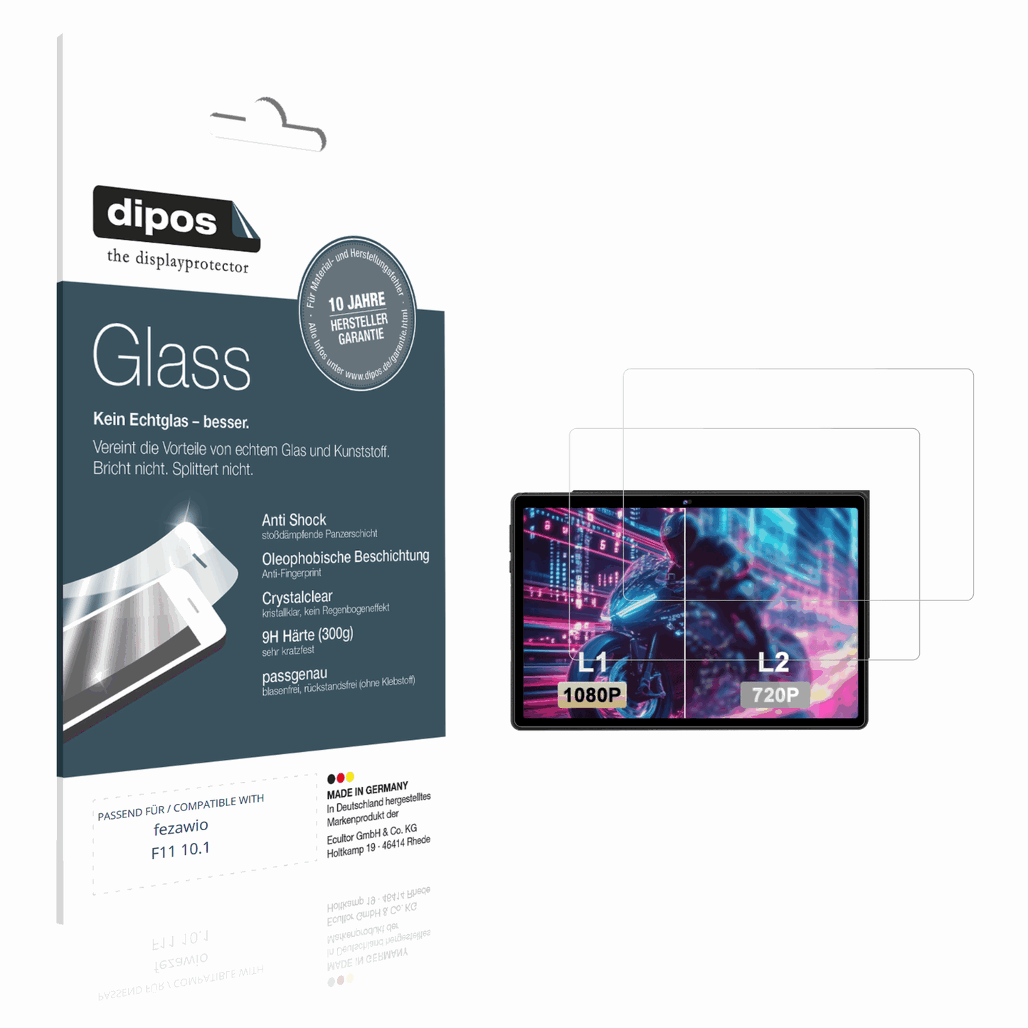 Klare Displayschutzfolie von dipos passend für fezawio F11 10.1, 9H kratzfest und blasenfrei montiert