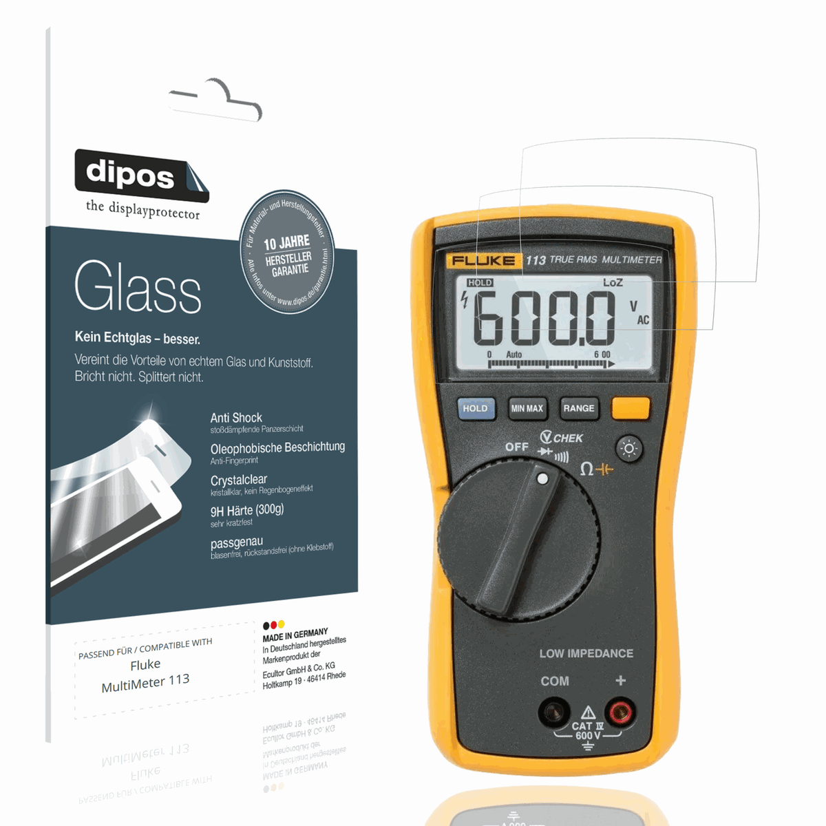 Klare Displayschutzfolie von dipos passend f�r Fluke MultiMeter 113, 9H kratzfest und blasenfrei montiert