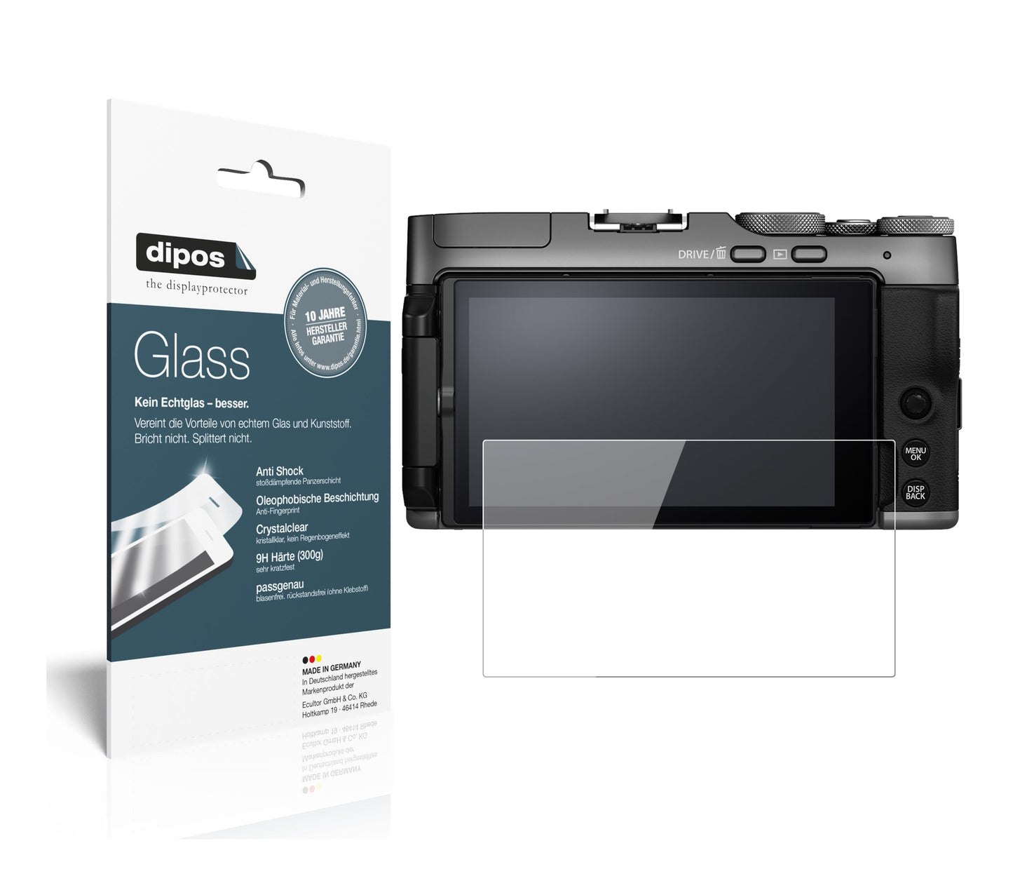 Klare Displayschutzfolie von dipos passend für Fujifilm X-A7, 9H kratzfest und blasenfrei montiert
