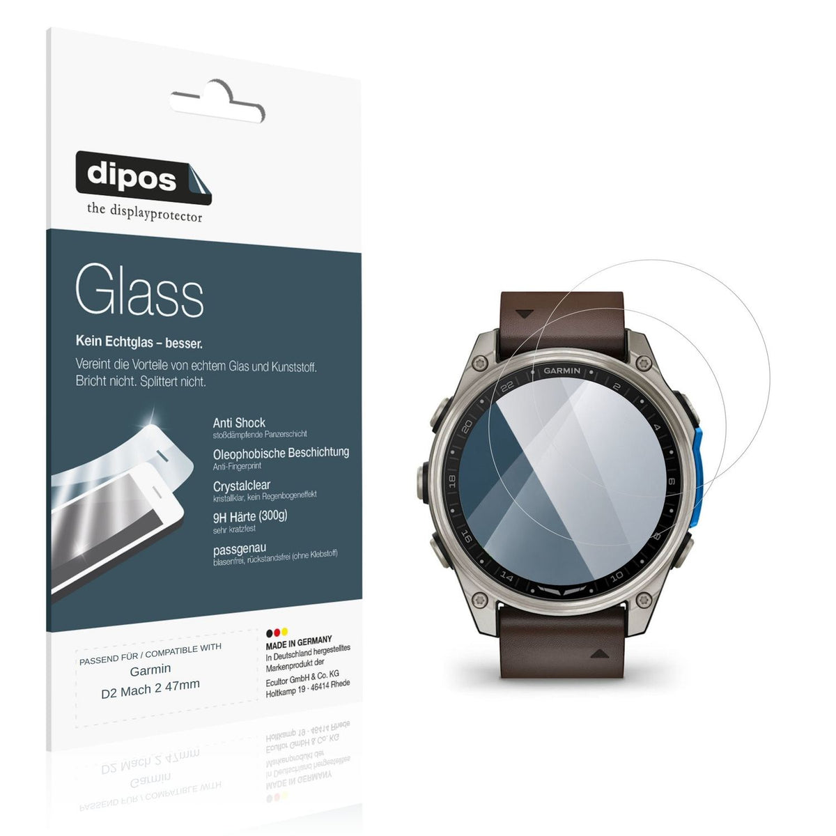 Klare Displayschutzfolie von dipos passend für Garmin D2 Mach 2 47mm, 9H kratzfest und blasenfrei montiert