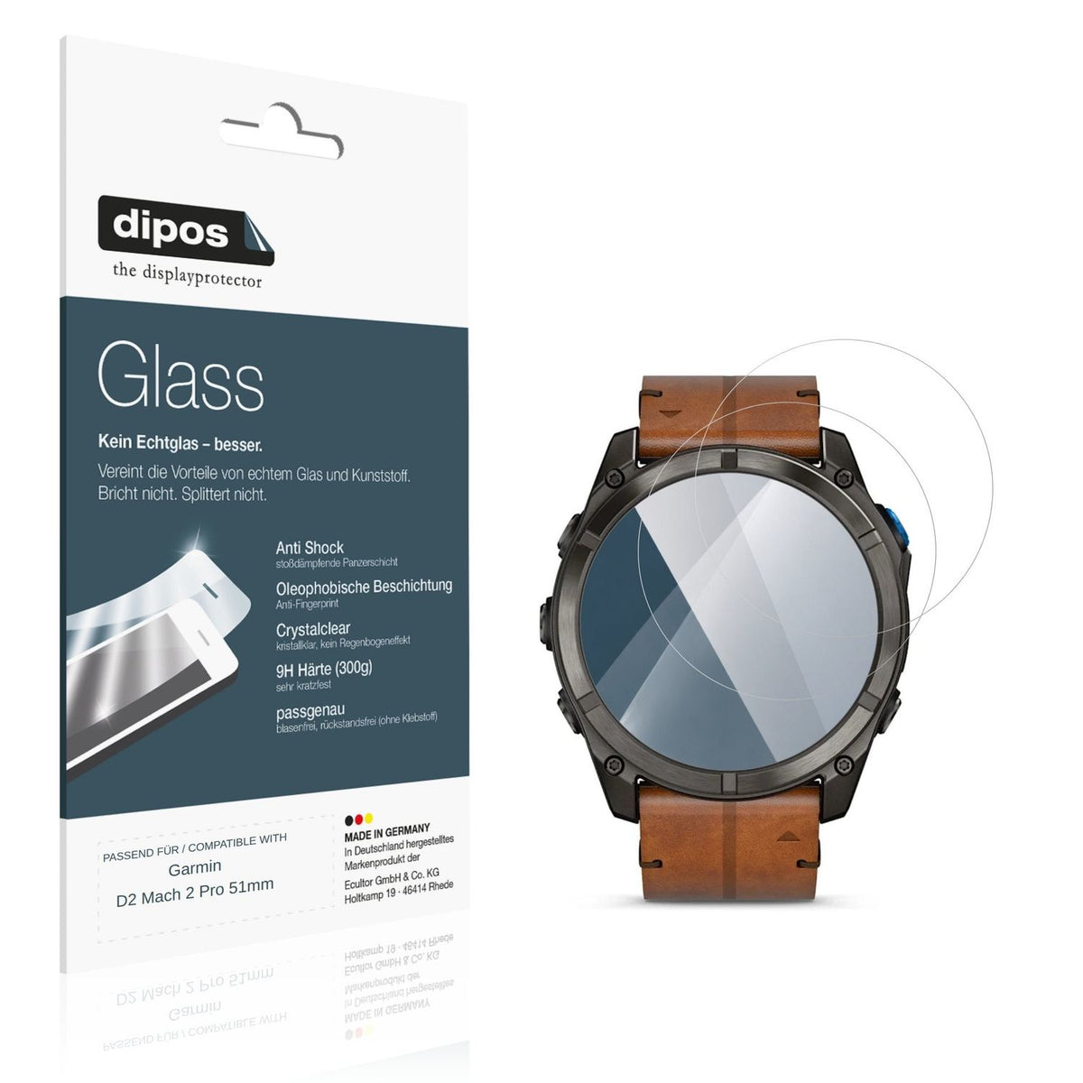 Klare Displayschutzfolie von dipos passend für Garmin D2 Mach 2 Pro 51mm, 9H kratzfest und blasenfrei montiert