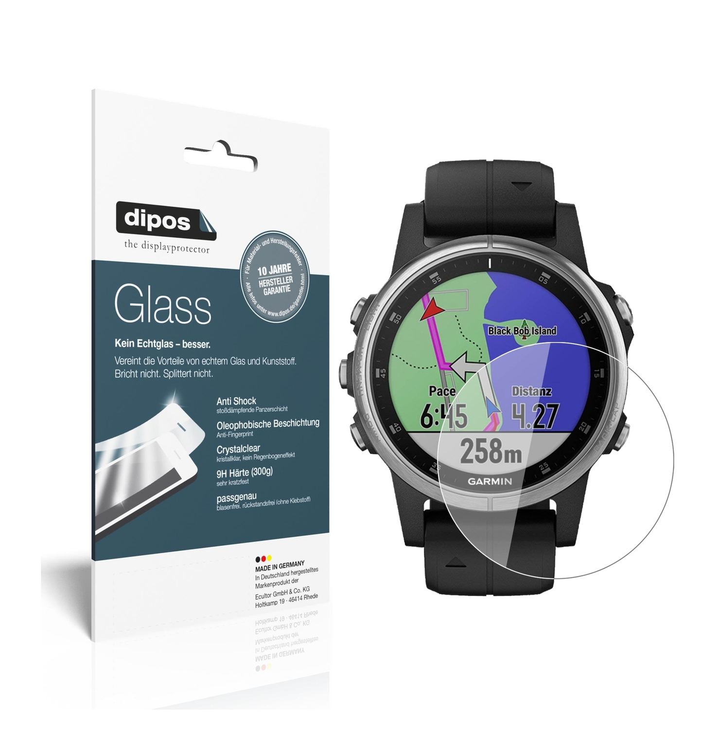 Klare Displayschutzfolie von dipos passend für Garmin fenix 5s Plus (42mm), 9H kratzfest und blasenfrei montiert