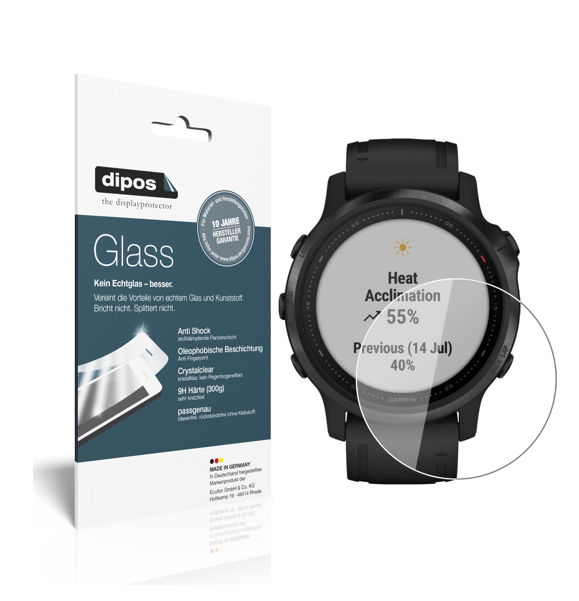 Klare Displayschutzfolie von dipos passend für Garmin fenix 6S Pro, 9H kratzfest und blasenfrei montiert