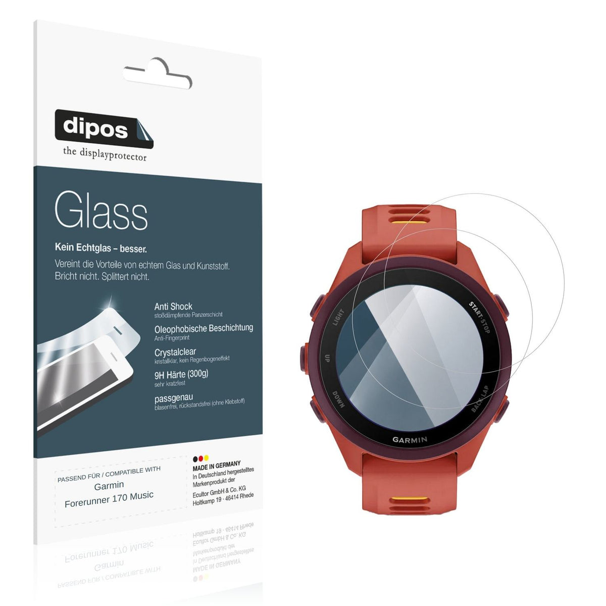 Klare Displayschutzfolie von dipos passend für Garmin Forerunner 170 Music, 9H kratzfest und blasenfrei montiert