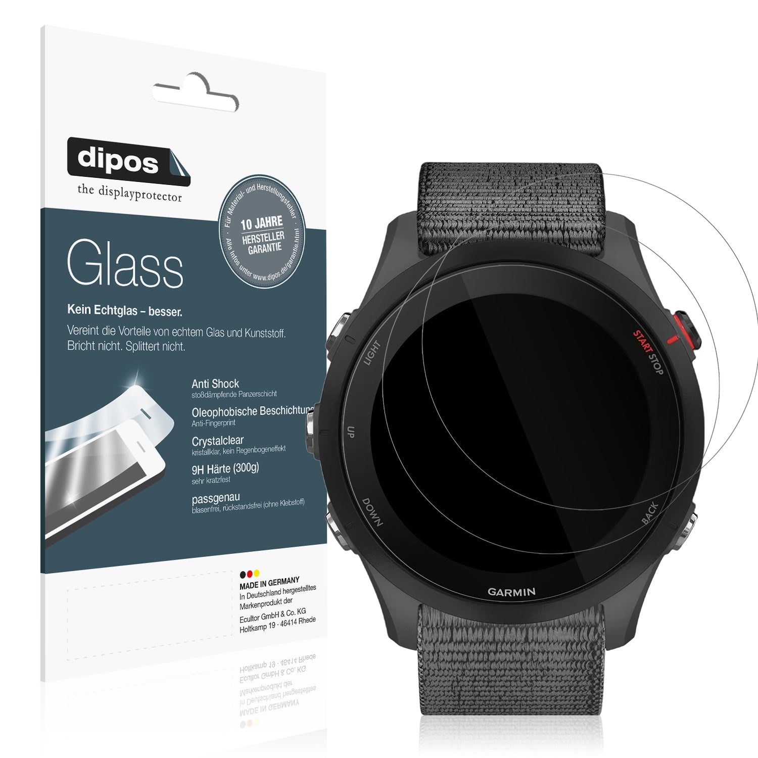 Klare Displayschutzfolie von dipos passend für Garmin Forerunner 255, 9H kratzfest und blasenfrei montiert