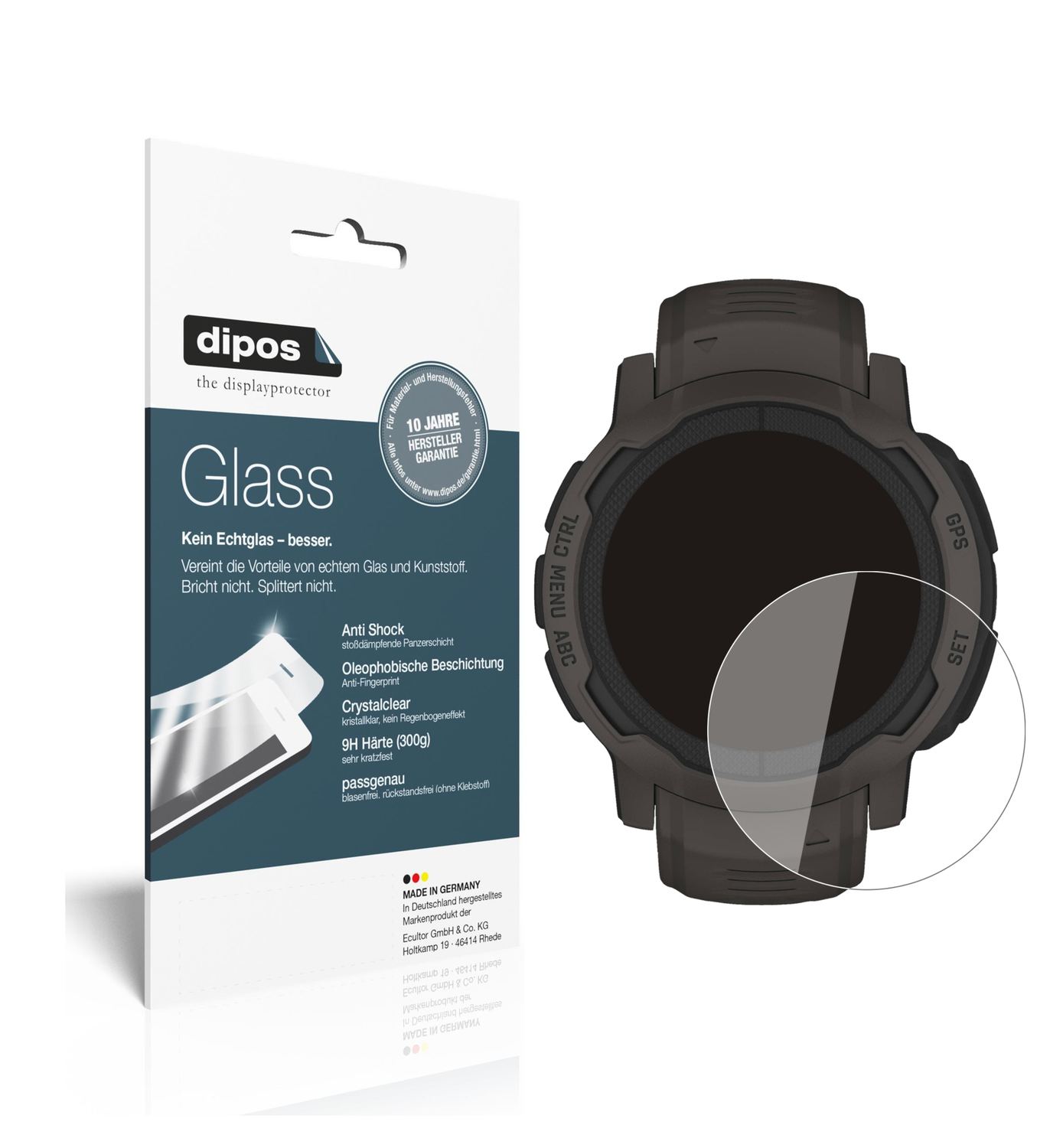 Klare Displayschutzfolie von dipos passend für Garmin Instinct 2 (40mm), 9H kratzfest und blasenfrei montiert