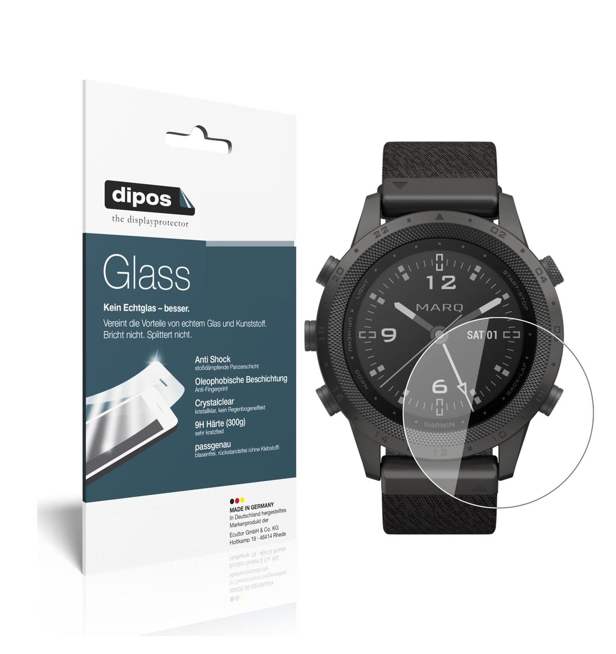 Klare Displayschutzfolie von dipos passend für Garmin MARQ Commander, 9H kratzfest und blasenfrei montiert