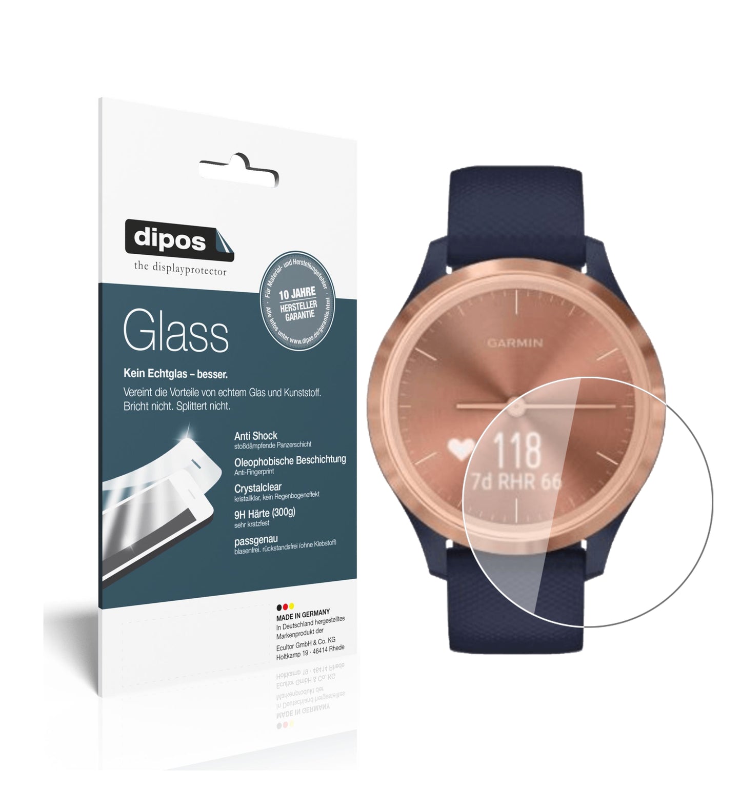 Klare Displayschutzfolie von dipos passend für Garmin Vivomove 3s, 9H kratzfest und blasenfrei montiert