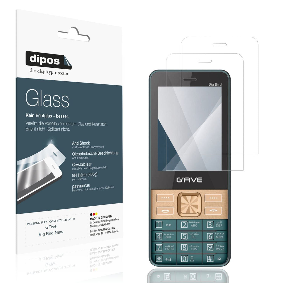 Klare Displayschutzfolie von dipos passend für GFive Big Bird New, 9H kratzfest und blasenfrei montiert
