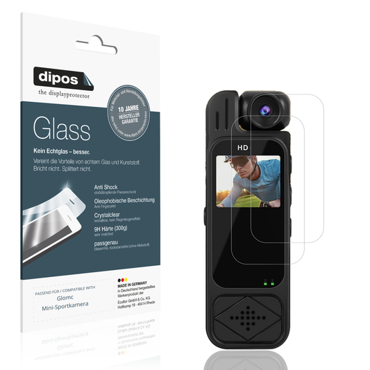 Klare Displayschutzfolie von dipos passend für Glomc Mini-Sportkamera, 9H kratzfest und blasenfrei montiert