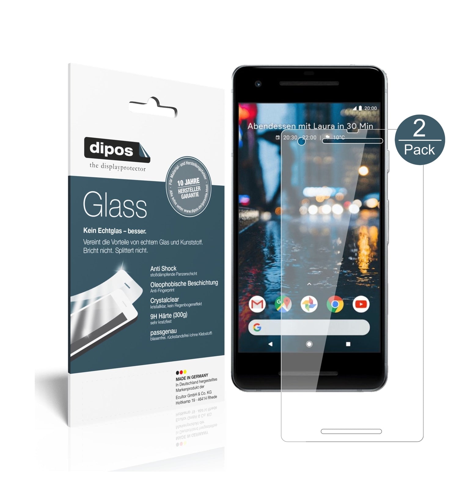 Klare Displayschutzfolie von dipos passend für Google Pixel 2, 9H kratzfest und blasenfrei montiert