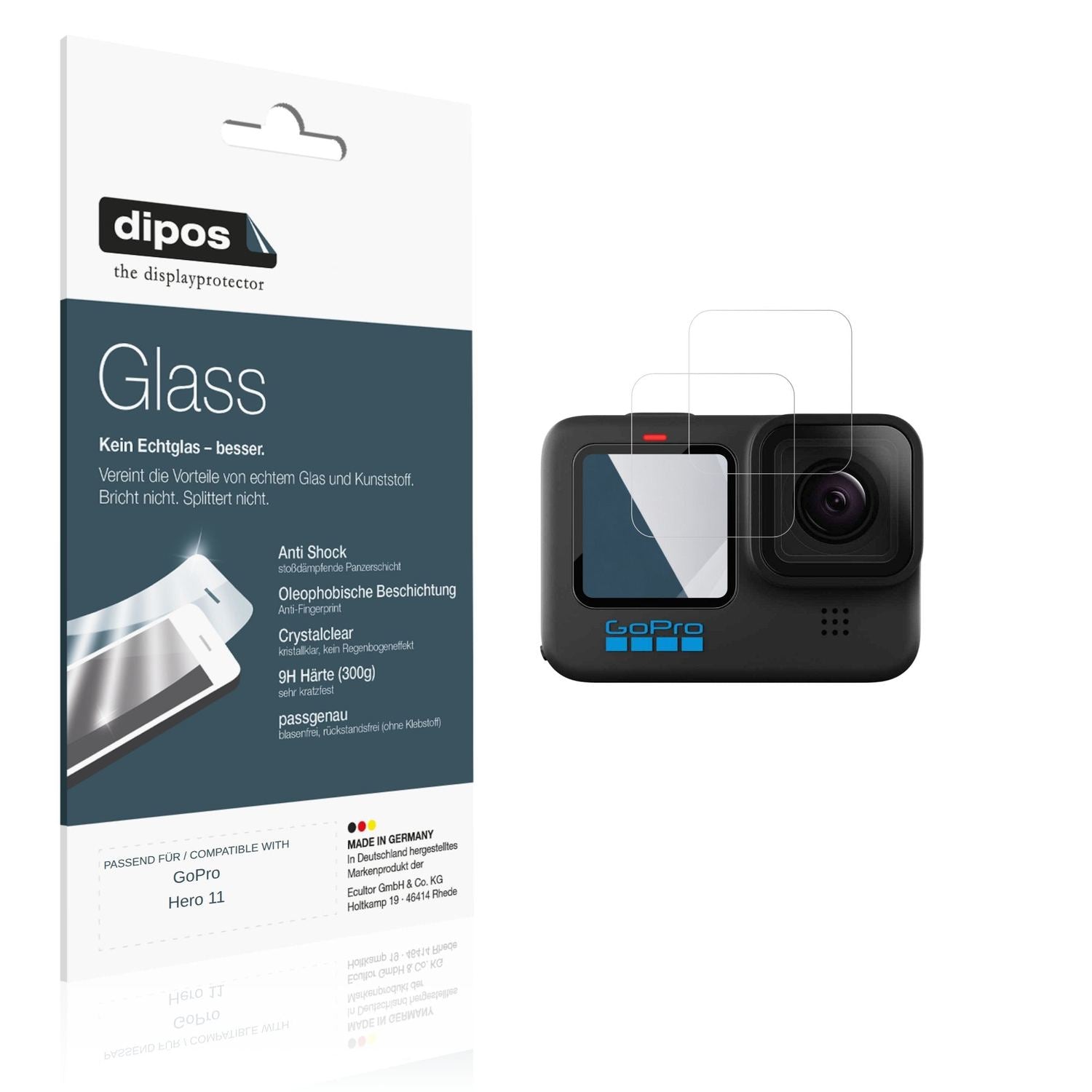 Klare Displayschutzfolie von dipos passend für GoPro Hero 11, 9H kratzfest und blasenfrei montiert
