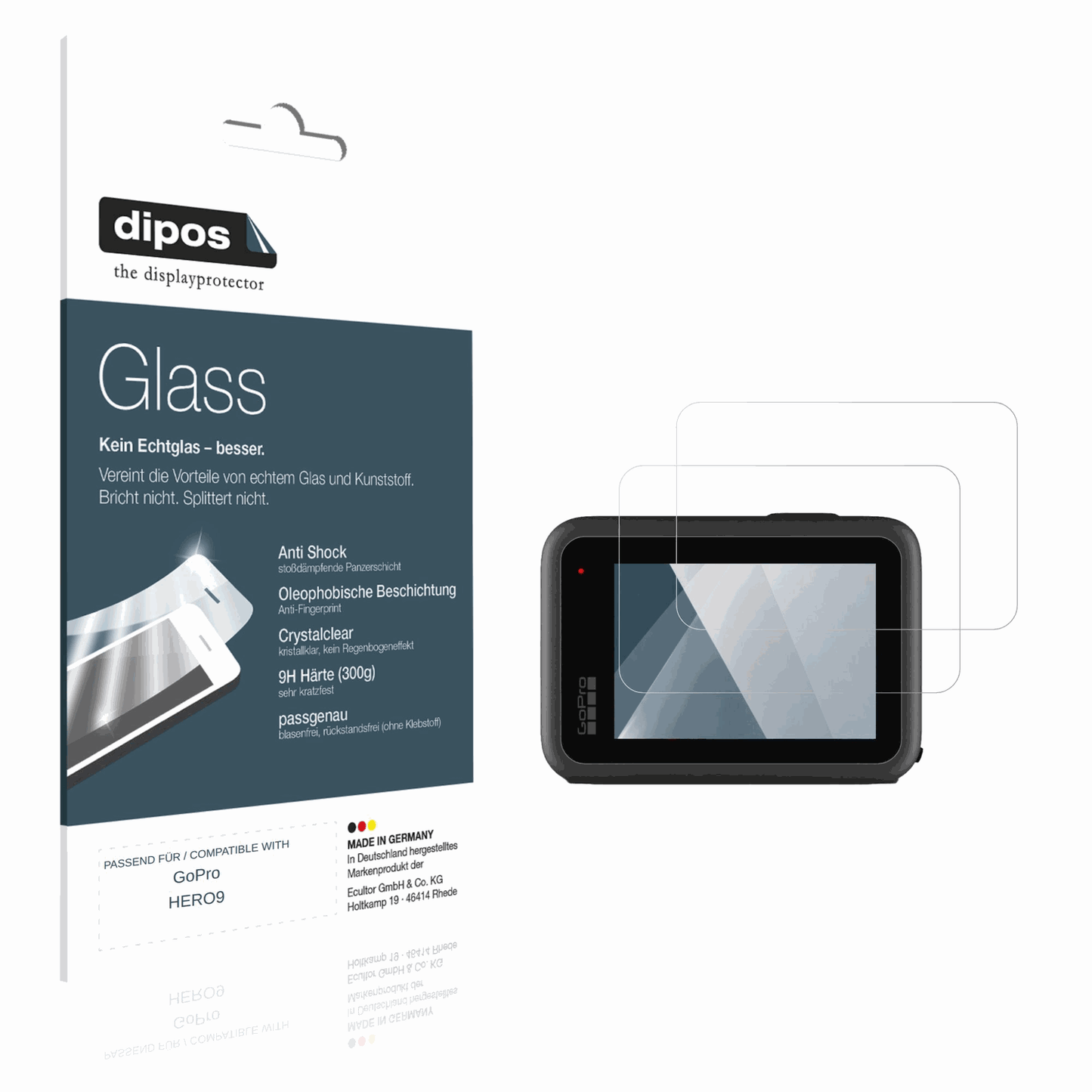 Klare Displayschutzfolie von dipos passend für GoPro HERO9, 9H kratzfest und blasenfrei montiert