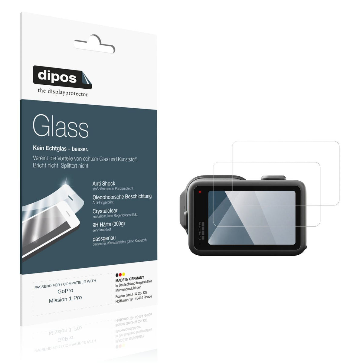Klare Displayschutzfolie von dipos passend für GoPro Mission 1 Pro, 9H kratzfest und blasenfrei montiert