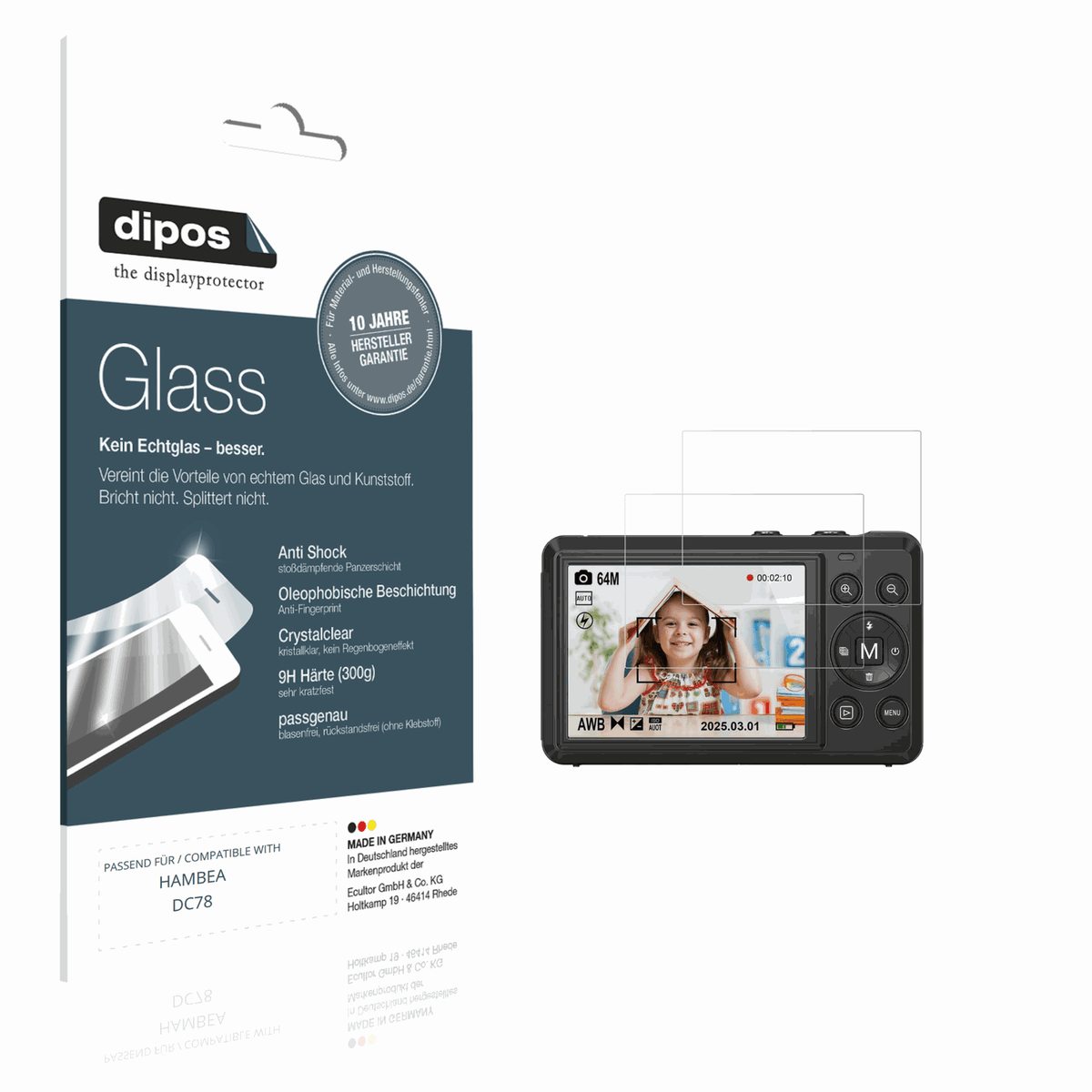 Klare Displayschutzfolie von dipos passend für HAMBEA DC78, 9H kratzfest und blasenfrei montiert