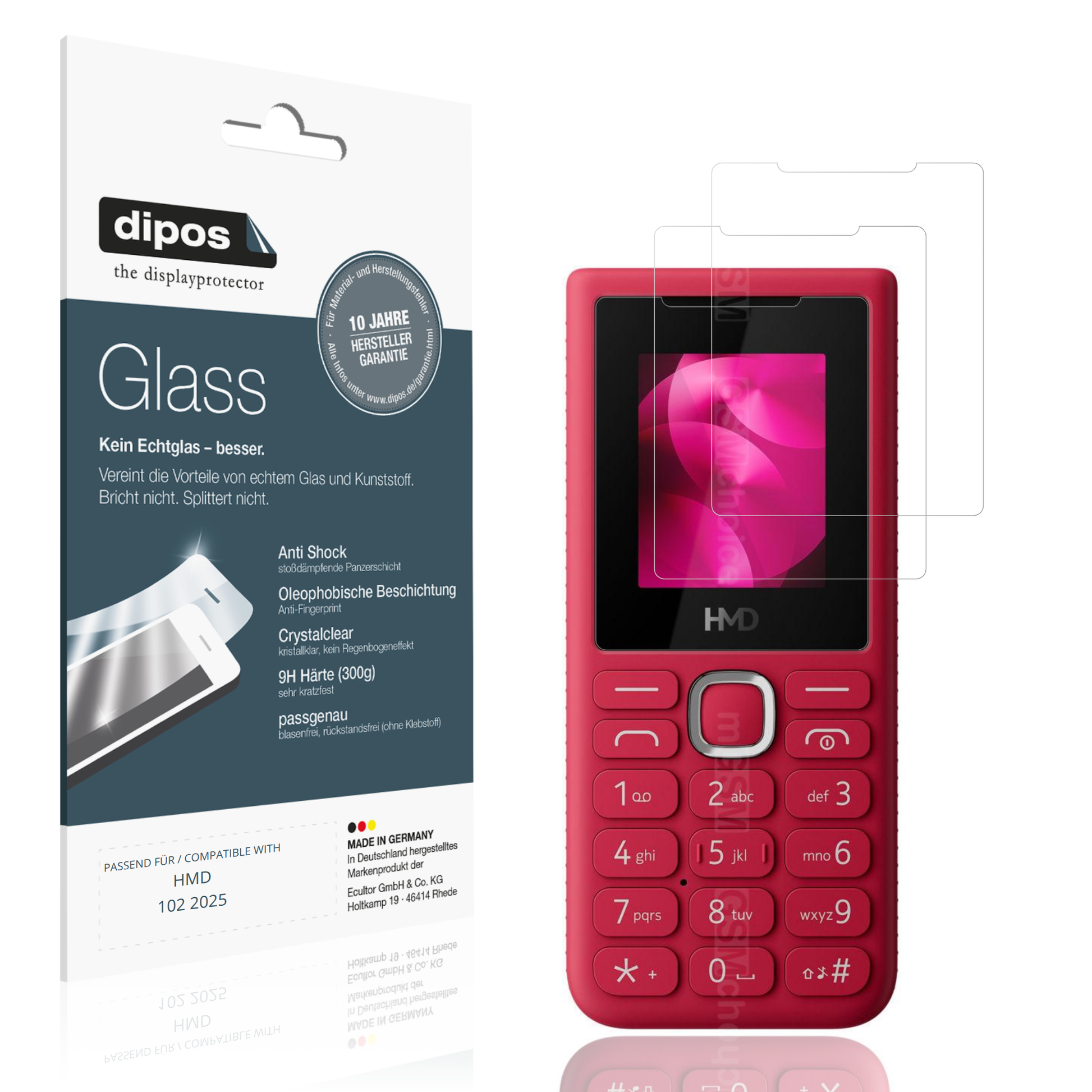 Klare Displayschutzfolie von dipos passend für HMD 102 2025, 9H kratzfest und blasenfrei montiert