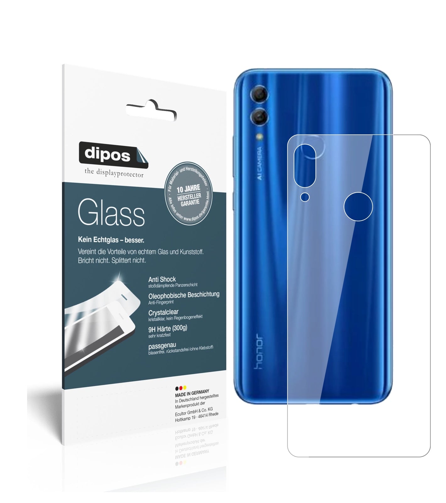 Klare Displayschutzfolie von dipos passend für Honor 10 Lite Rückseite, 9H kratzfest und blasenfrei montiert