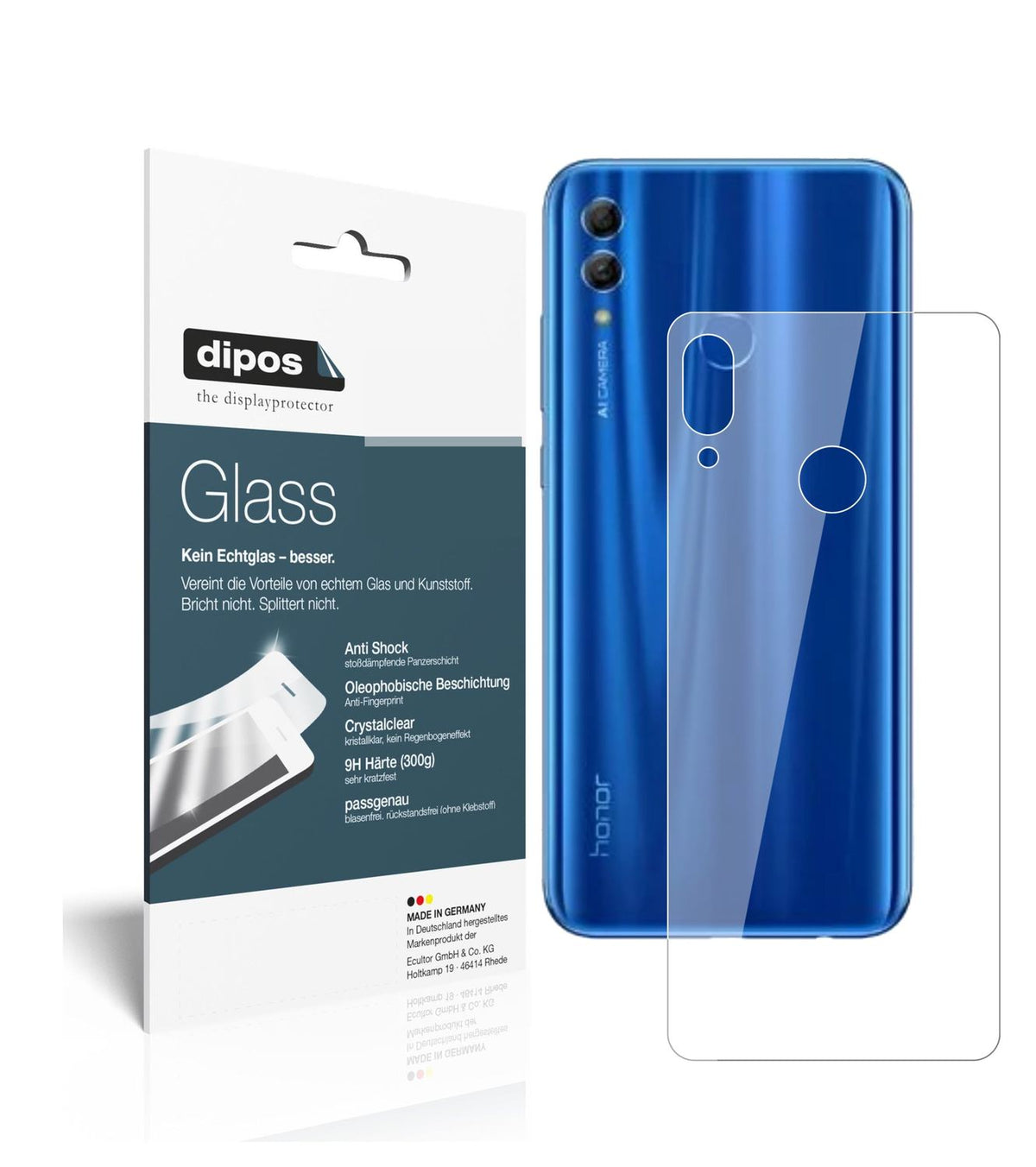 Klare Displayschutzfolie von dipos passend für Honor 10i Rückseite, 9H kratzfest und blasenfrei montiert