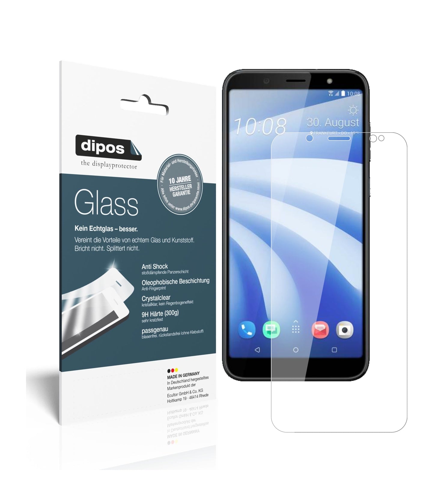 Klare Displayschutzfolie von dipos passend für HTC U12 Life, 9H kratzfest und blasenfrei montiert