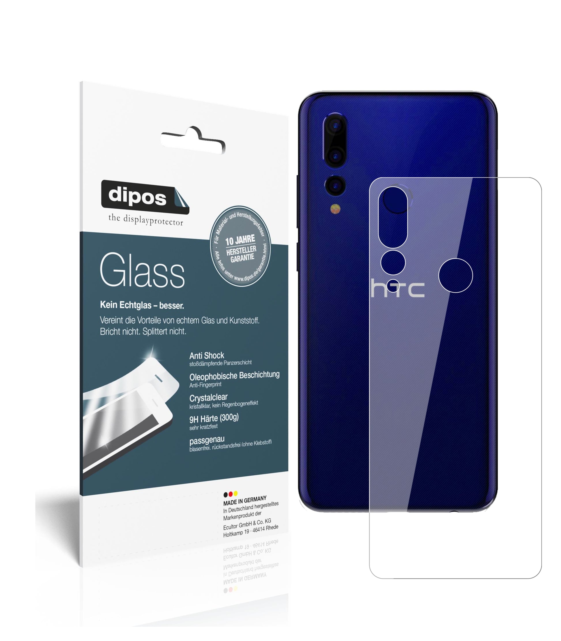 Klare Displayschutzfolie von dipos passend für HTC Wildfire X Rückseite, 9H kratzfest und blasenfrei montiert