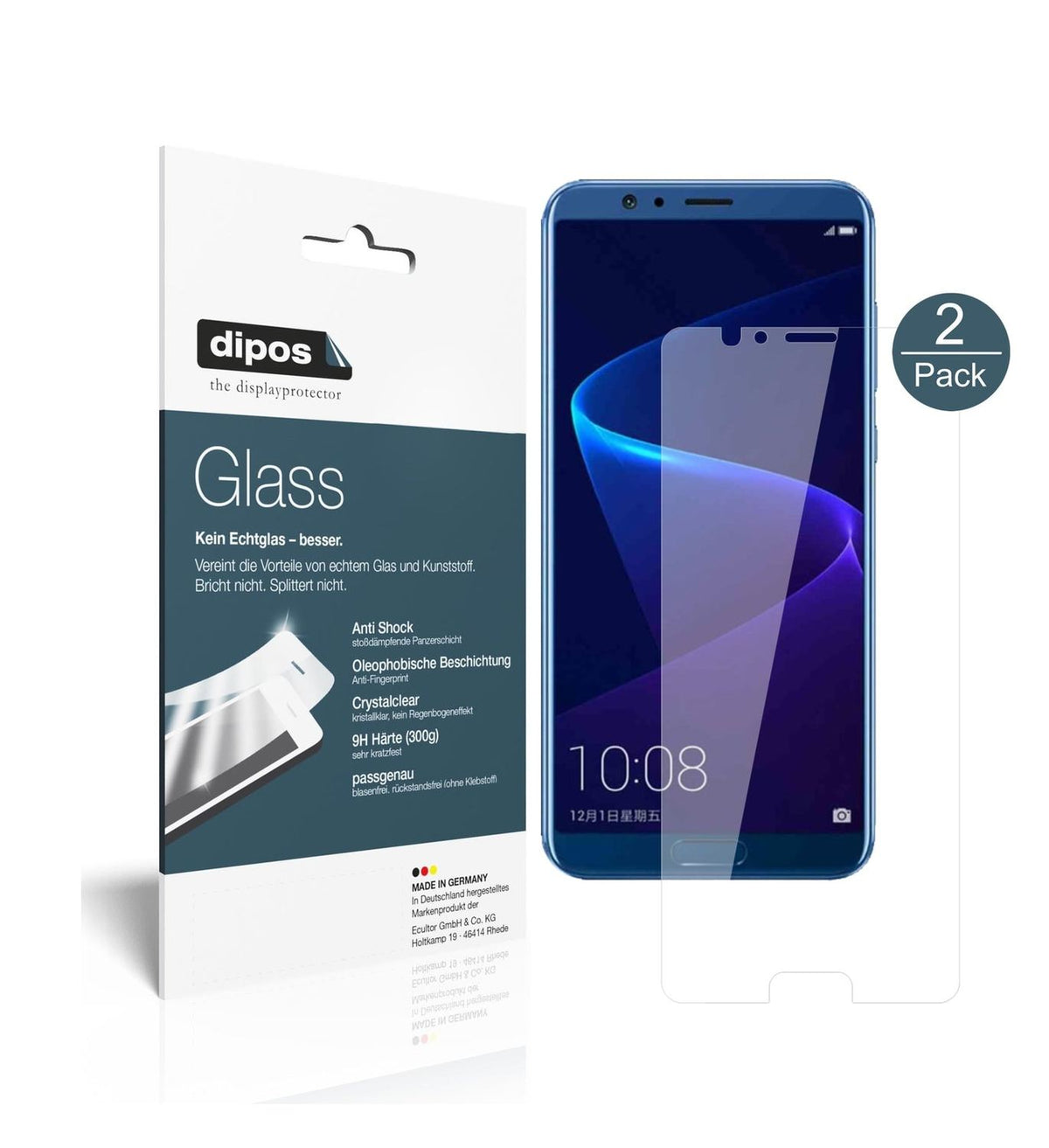 Klare Displayschutzfolie von dipos passend für Huawei Honor V10, 9H kratzfest und blasenfrei montiert