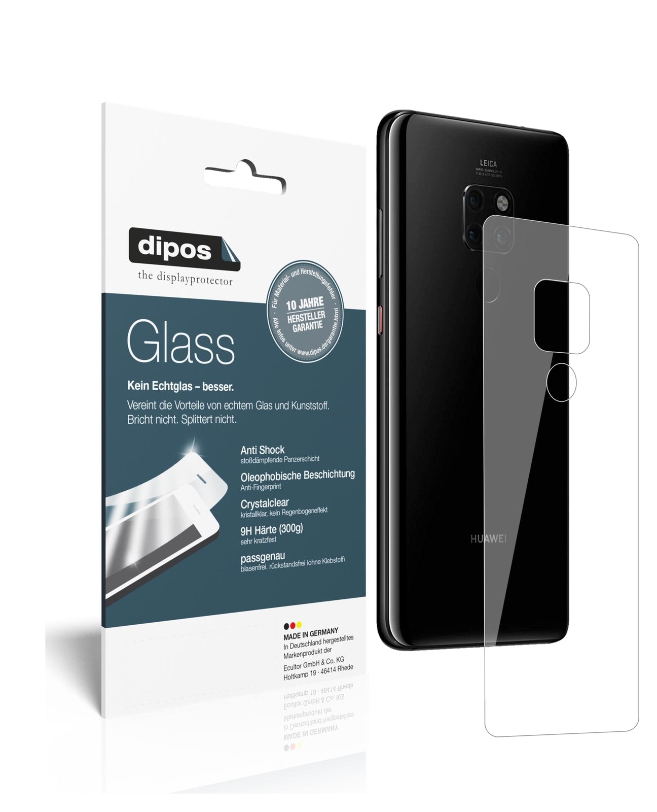 Klare Displayschutzfolie von dipos passend für Huawei Mate 20 Rückseite, 9H kratzfest und blasenfrei montiert