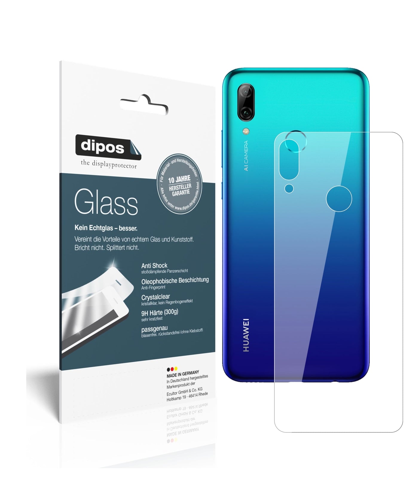 Klare Displayschutzfolie von dipos passend für Huawei P Smart (2019) Rückseite, 9H kratzfest und blasenfrei montiert