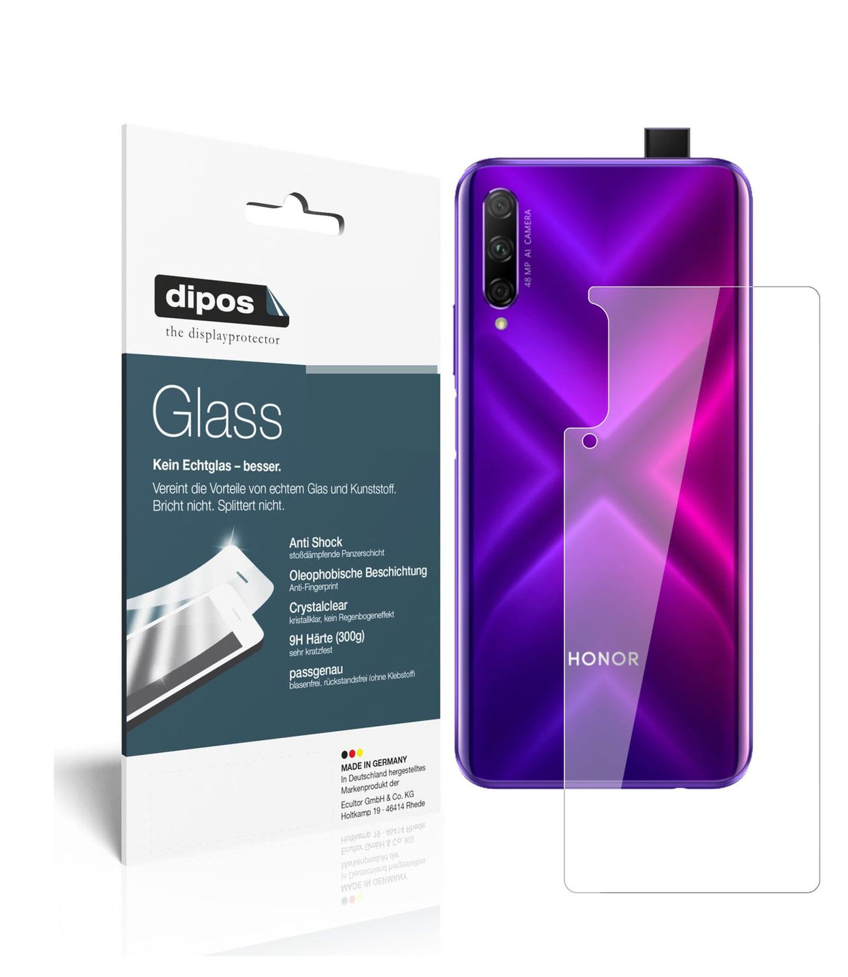 Klare Displayschutzfolie von dipos passend für Honor 9X Pro Rückseite, 9H kratzfest und blasenfrei montiert