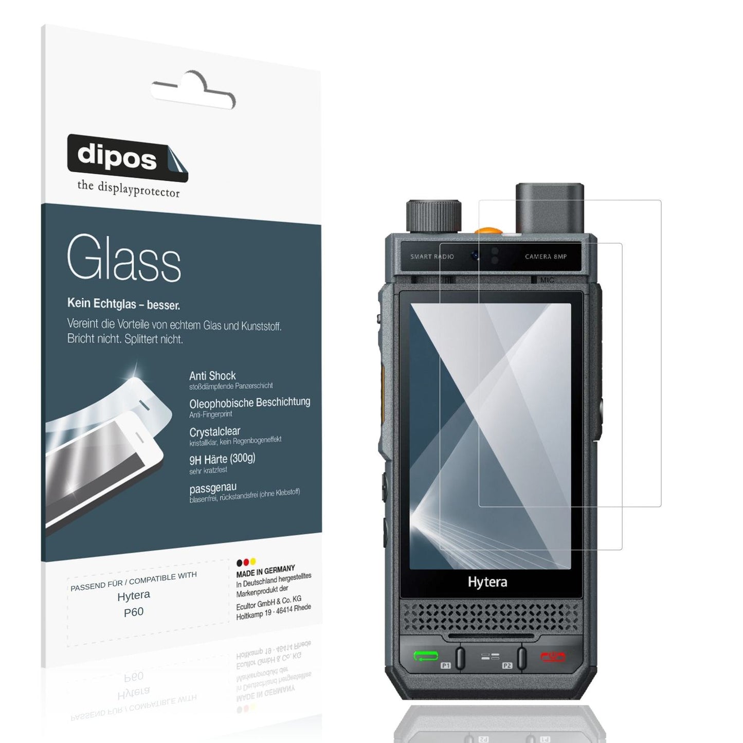 Klare Displayschutzfolie von dipos passend für Hytera P60, 9H kratzfest und blasenfrei montiert