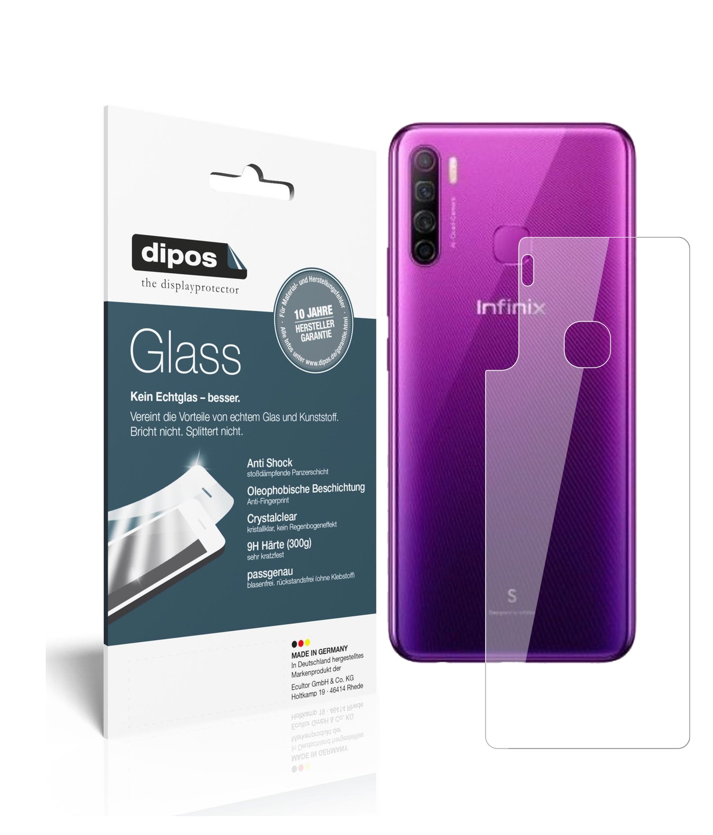 Klare Displayschutzfolie von dipos passend für Infinix S5 Lite Rückseite, 9H kratzfest und blasenfrei montiert