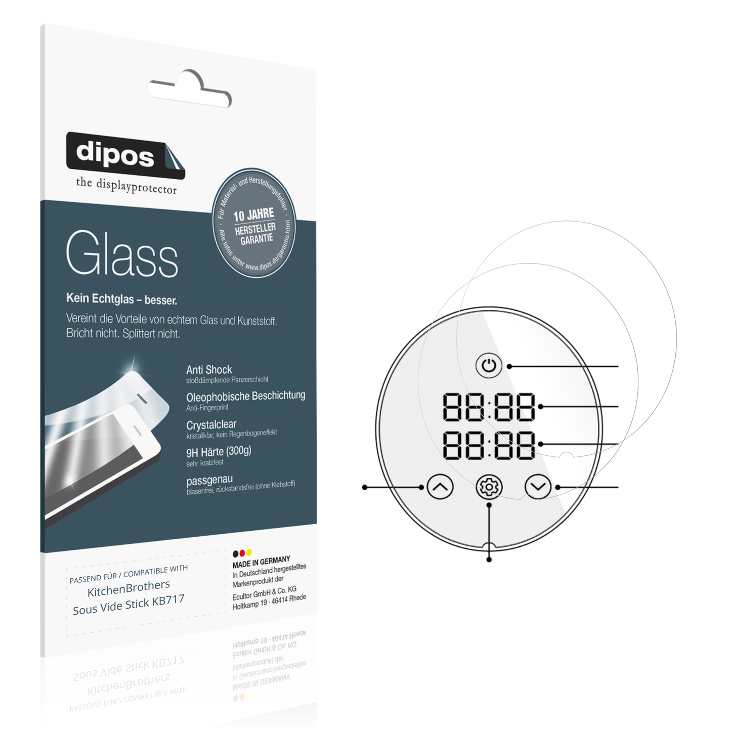 Klare Displayschutzfolie von dipos passend für KitchenBrothers Sous Vide Stick KB717, 9H kratzfest und blasenfrei montiert