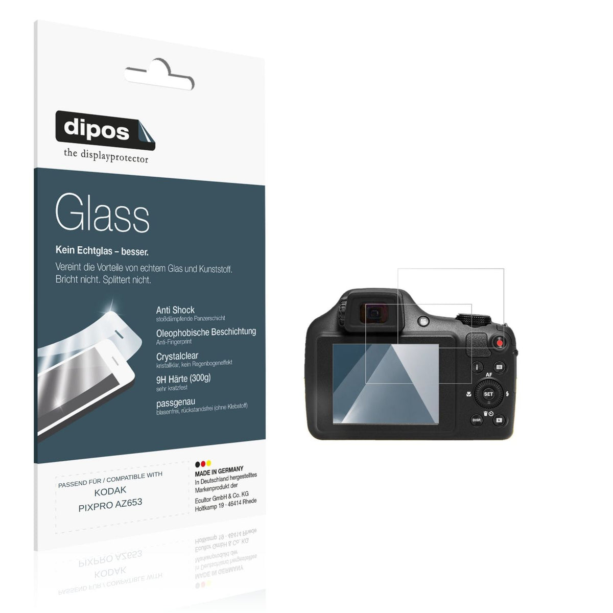 Klare Displayschutzfolie von dipos passend für KODAK PIXPRO AZ653, 9H kratzfest und blasenfrei montiert