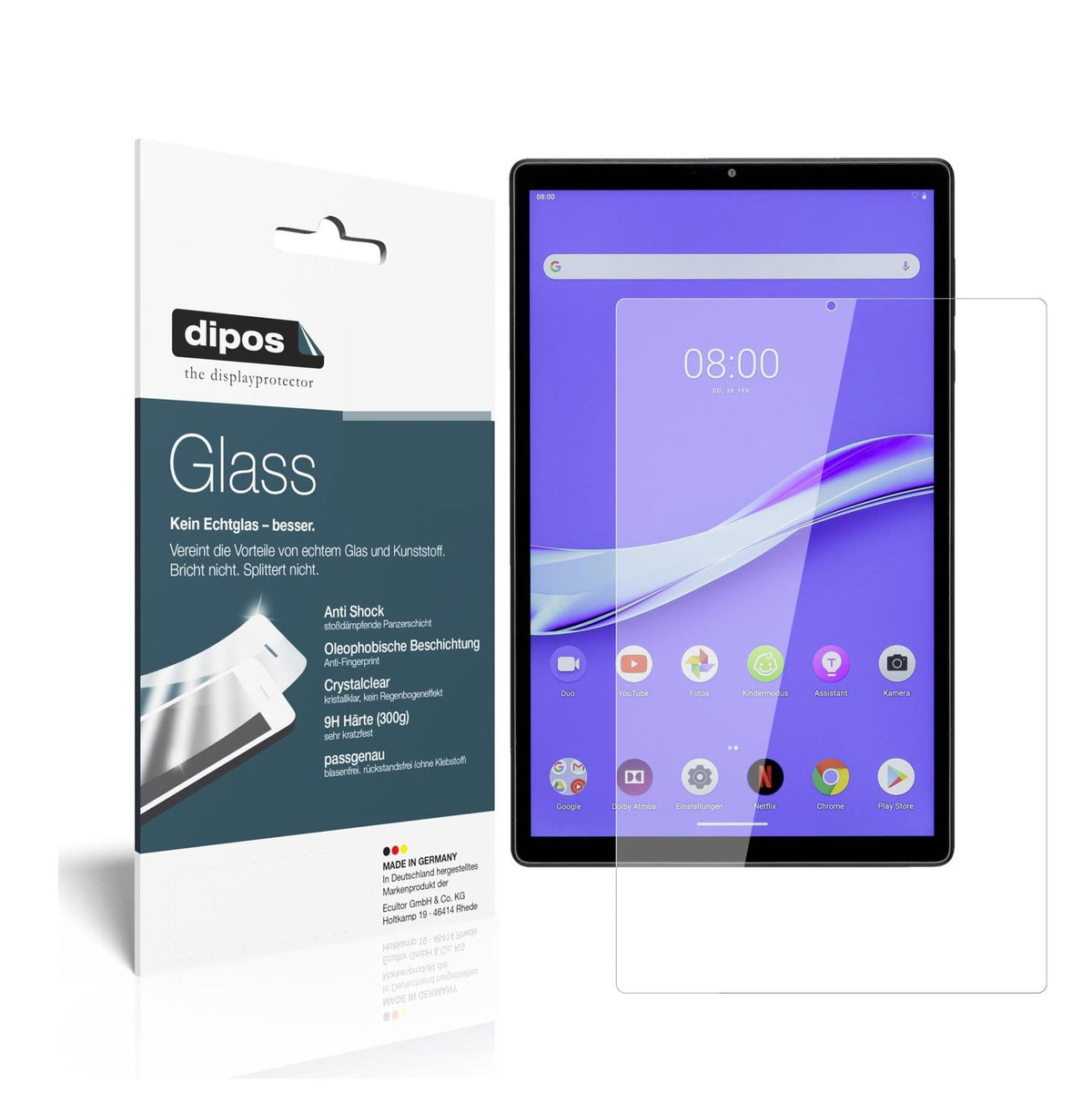 Klare Displayschutzfolie von dipos passend für Lenovo M10 Plus, 9H kratzfest und blasenfrei montiert