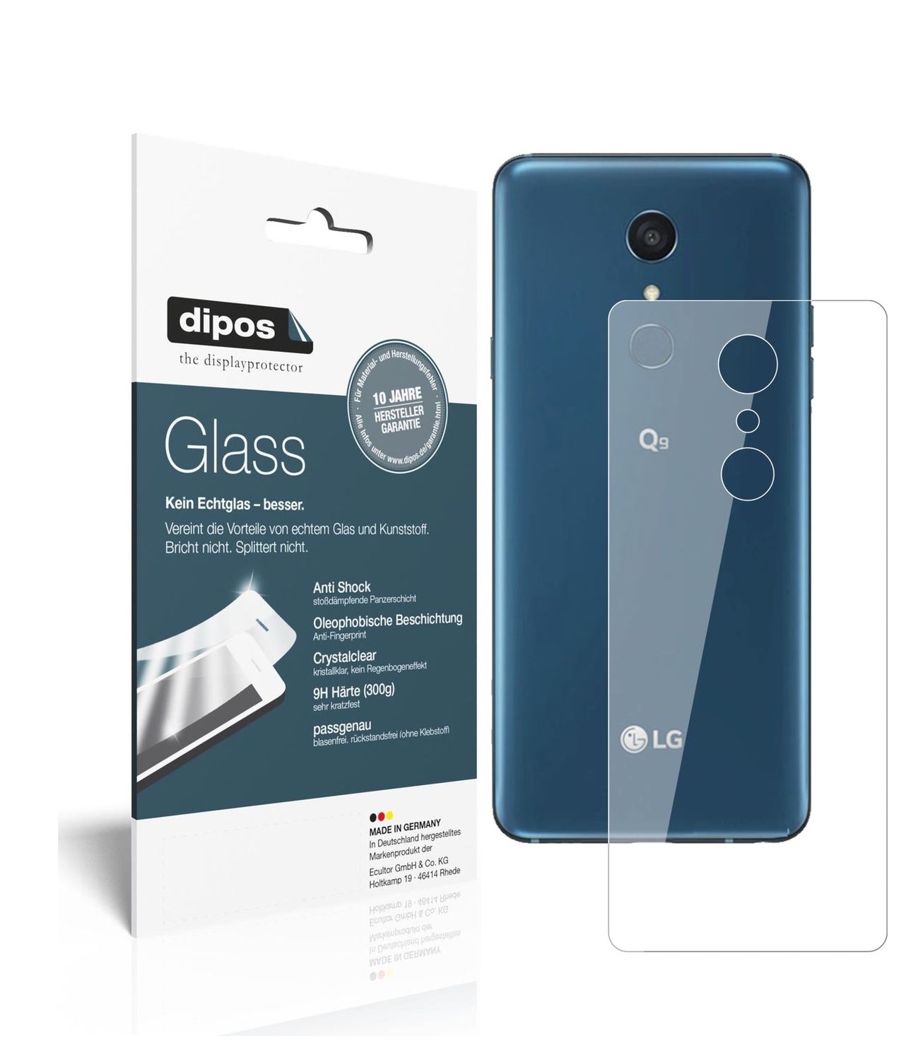 Klare Displayschutzfolie von dipos passend für LG Q9 One Rückseite, 9H kratzfest und blasenfrei montiert